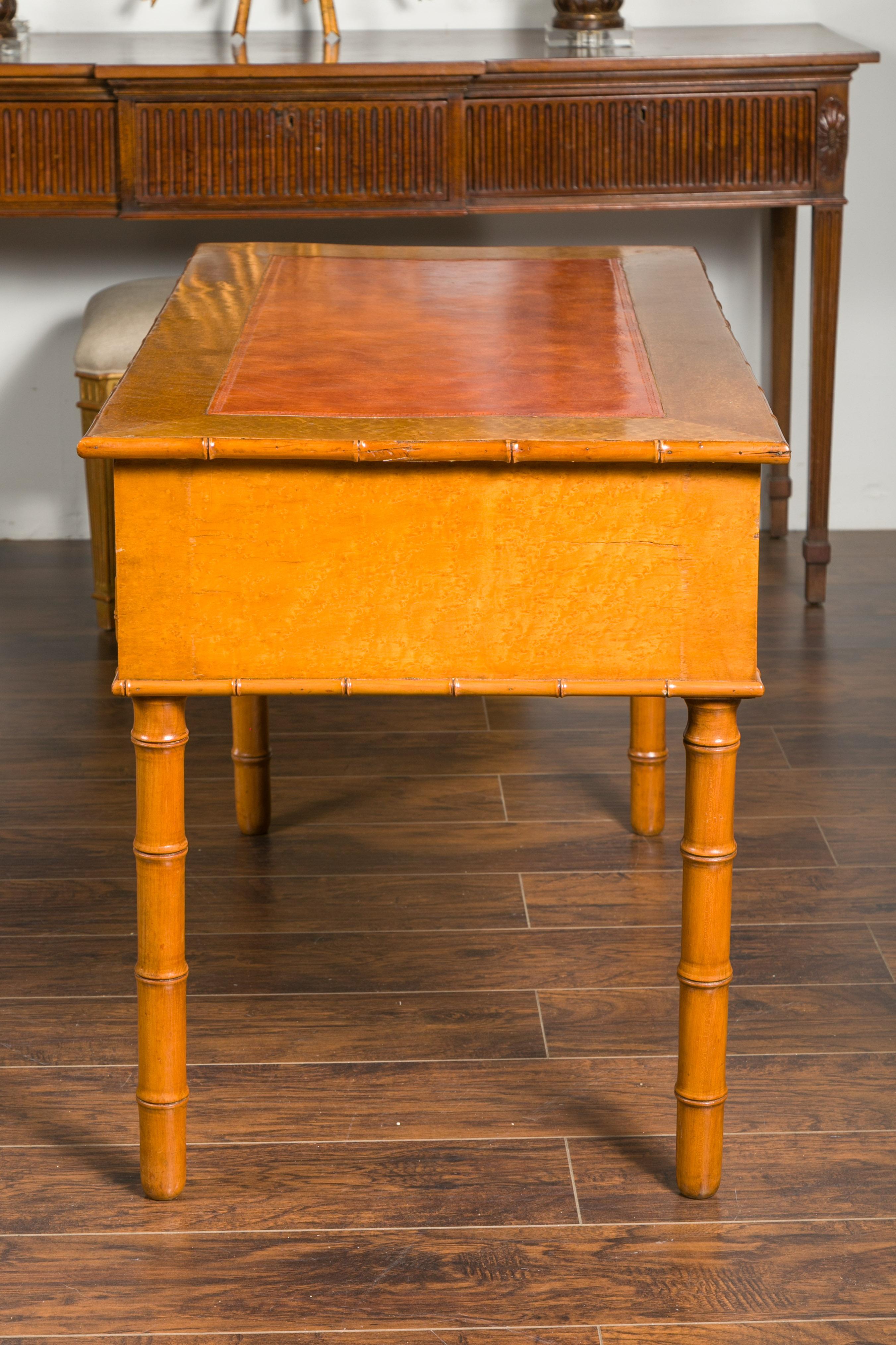 English 1880s Faux-Bamboo Desk with Copper Hued Leather Top and Five Drawers In Good Condition For Sale In Atlanta, GA