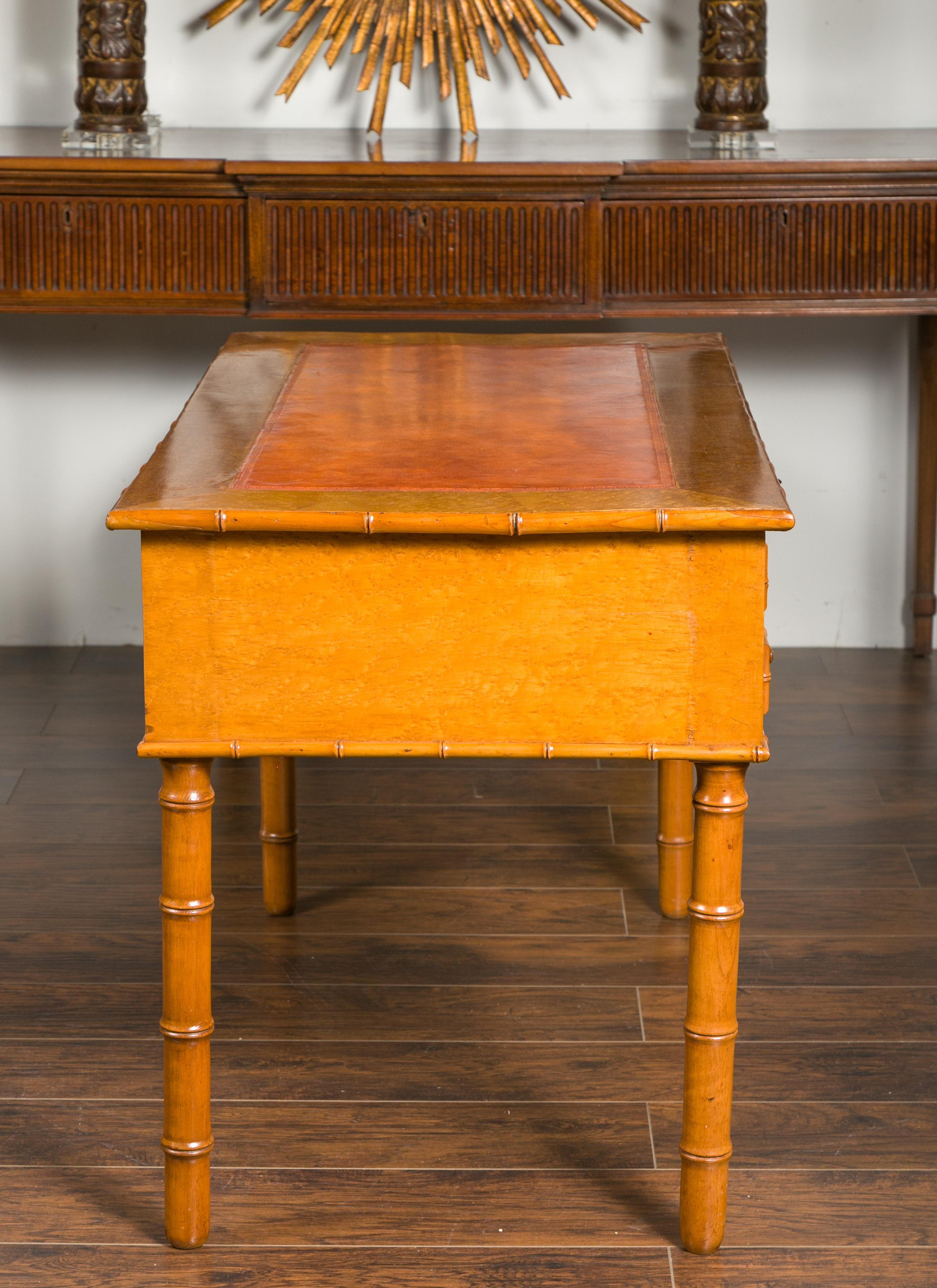 English 1880s Faux-Bamboo Desk with Copper Hued Leather Top and Five Drawers For Sale 1