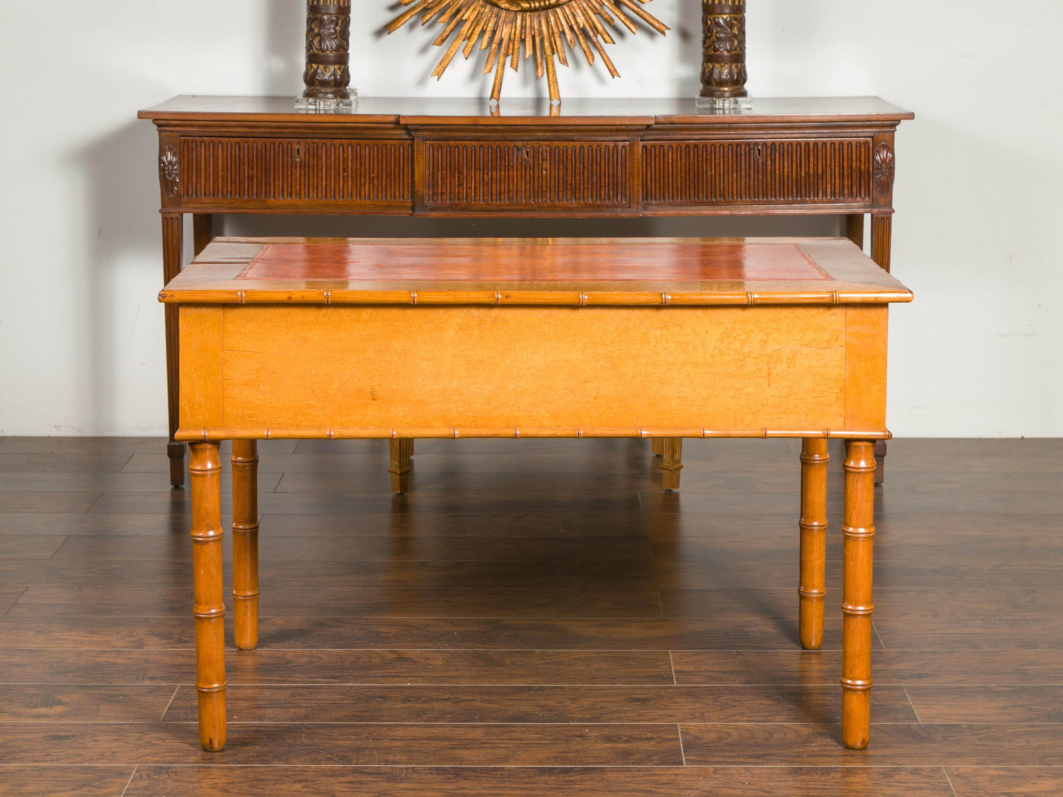English 1880s Faux-Bamboo Desk with Copper Hued Leather Top and Five Drawers For Sale 2