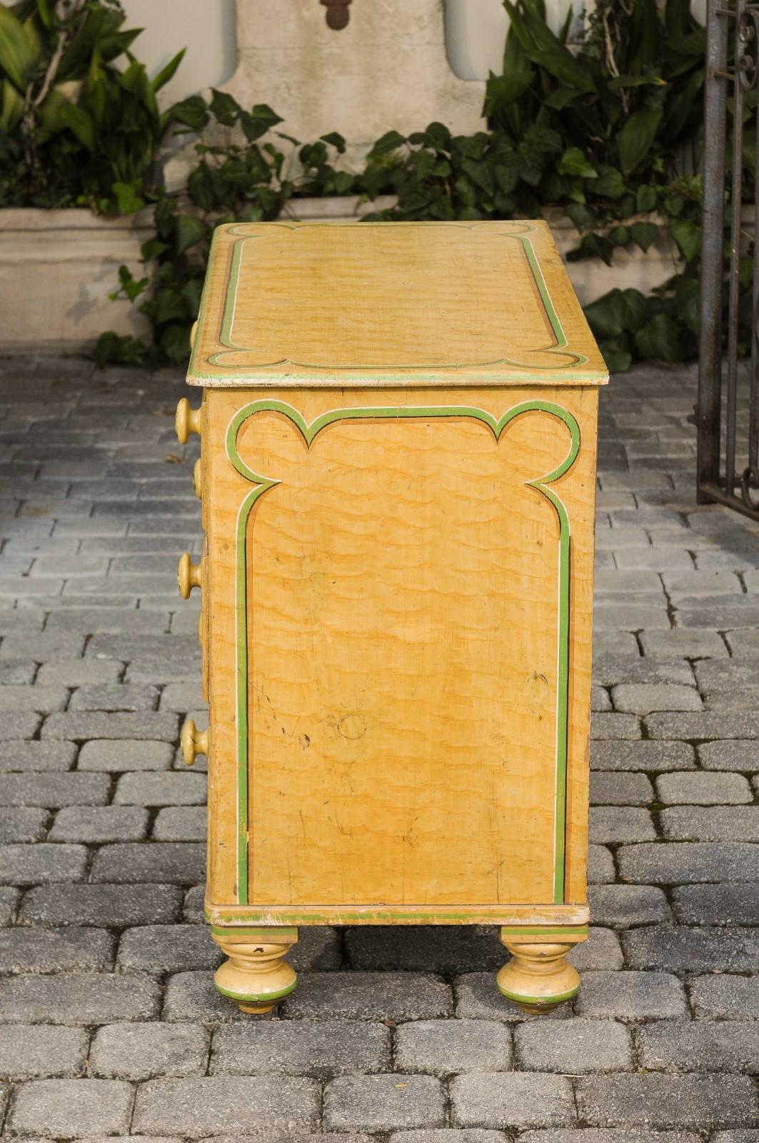 English 1880s Four-Drawer Goldenrod Chest with Green Painted Cartouche Motifs 4