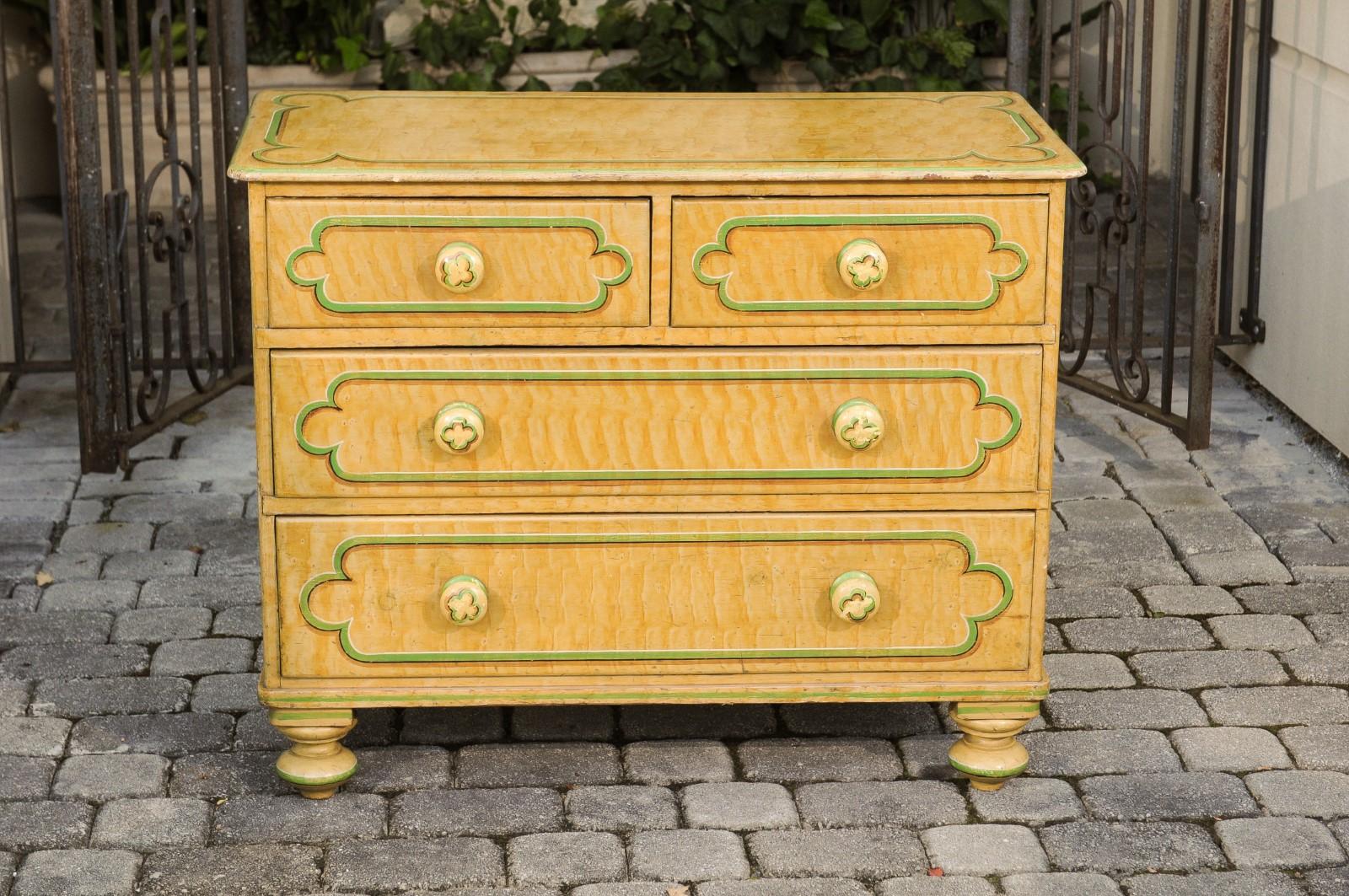 English 1880s Four-Drawer Goldenrod Chest with Green Painted Cartouche Motifs 5