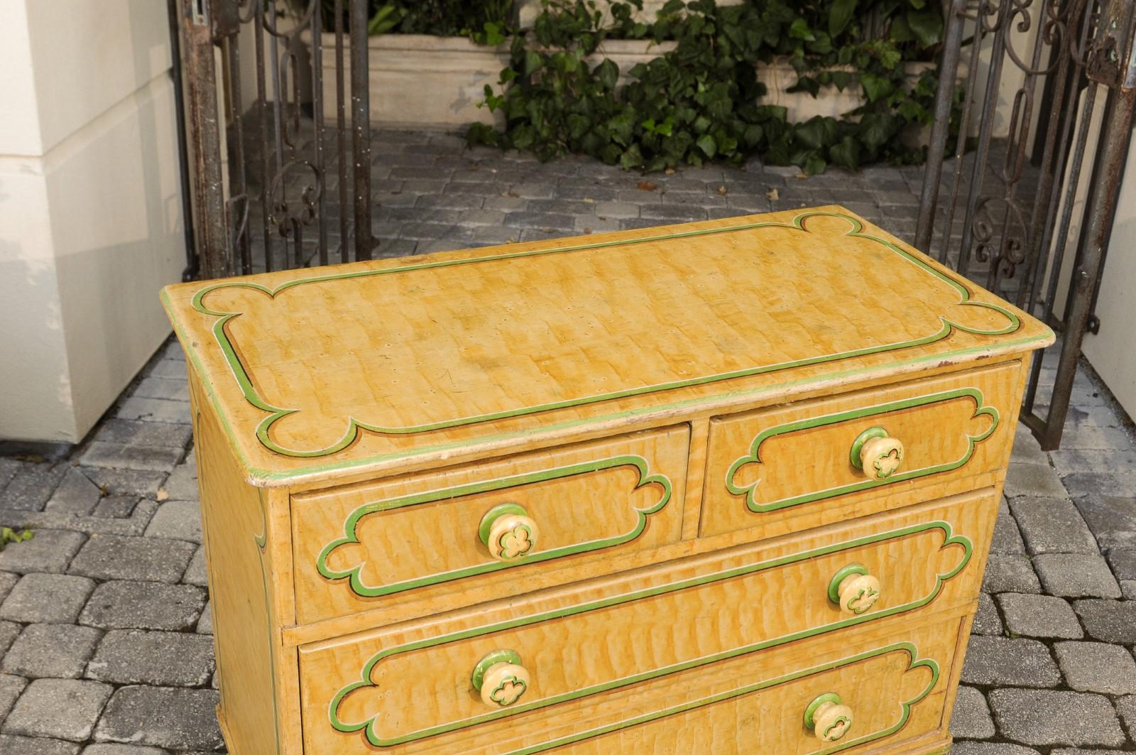 19th Century English 1880s Four-Drawer Goldenrod Chest with Green Painted Cartouche Motifs
