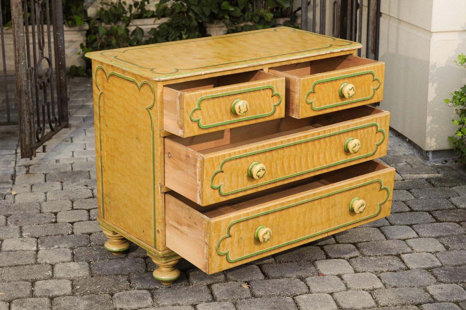 Wood English 1880s Four-Drawer Goldenrod Chest with Green Painted Cartouche Motifs