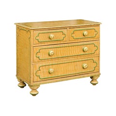 English 1880s Four-Drawer Goldenrod Chest with Green Painted Cartouche Motifs