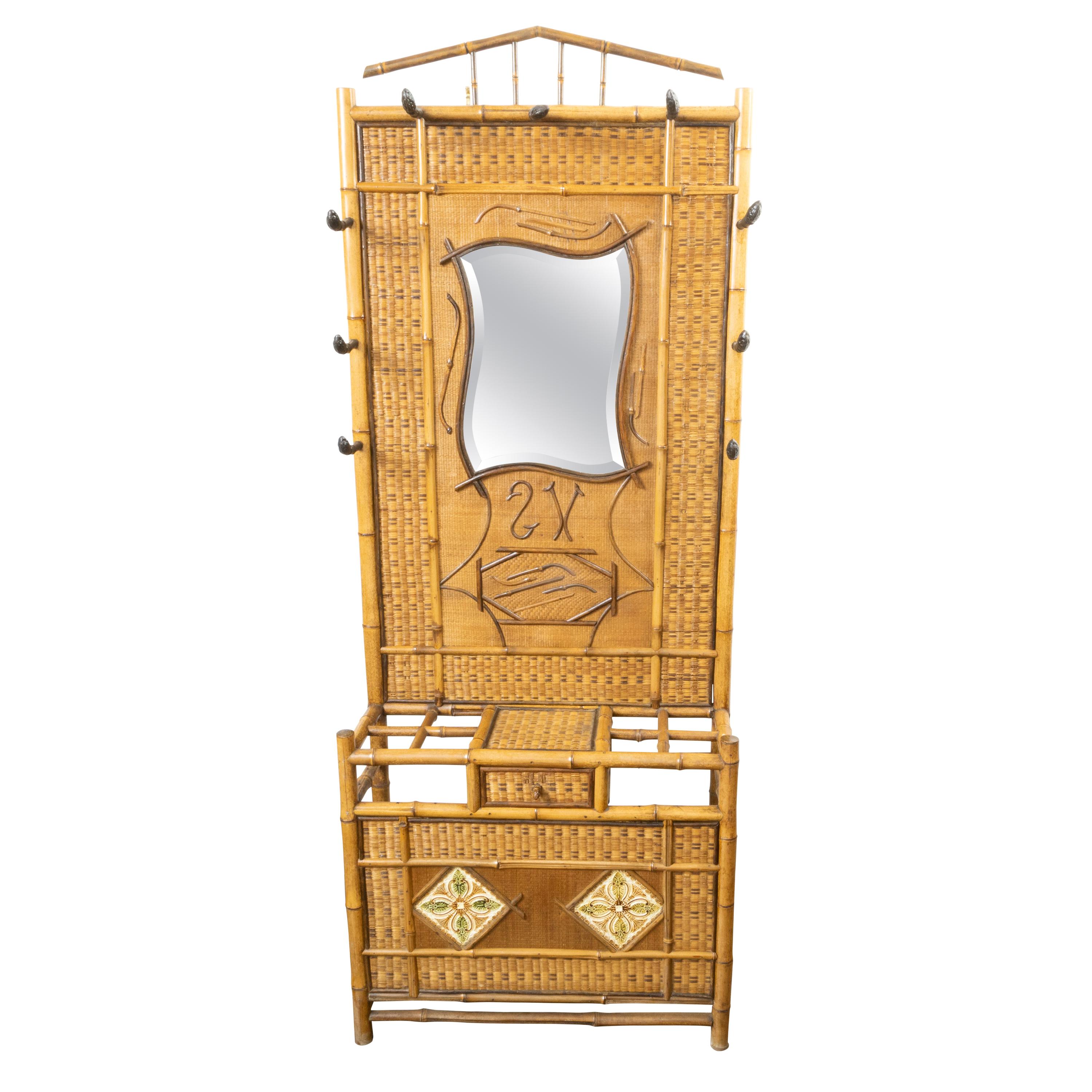 English 1880s Freestanding Bamboo and Rattan Hat Rack with Mirror and Tiles For Sale
