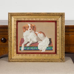 English 1880s Gilt Framed Needlepoint Template Depicting a Spaniel Dog