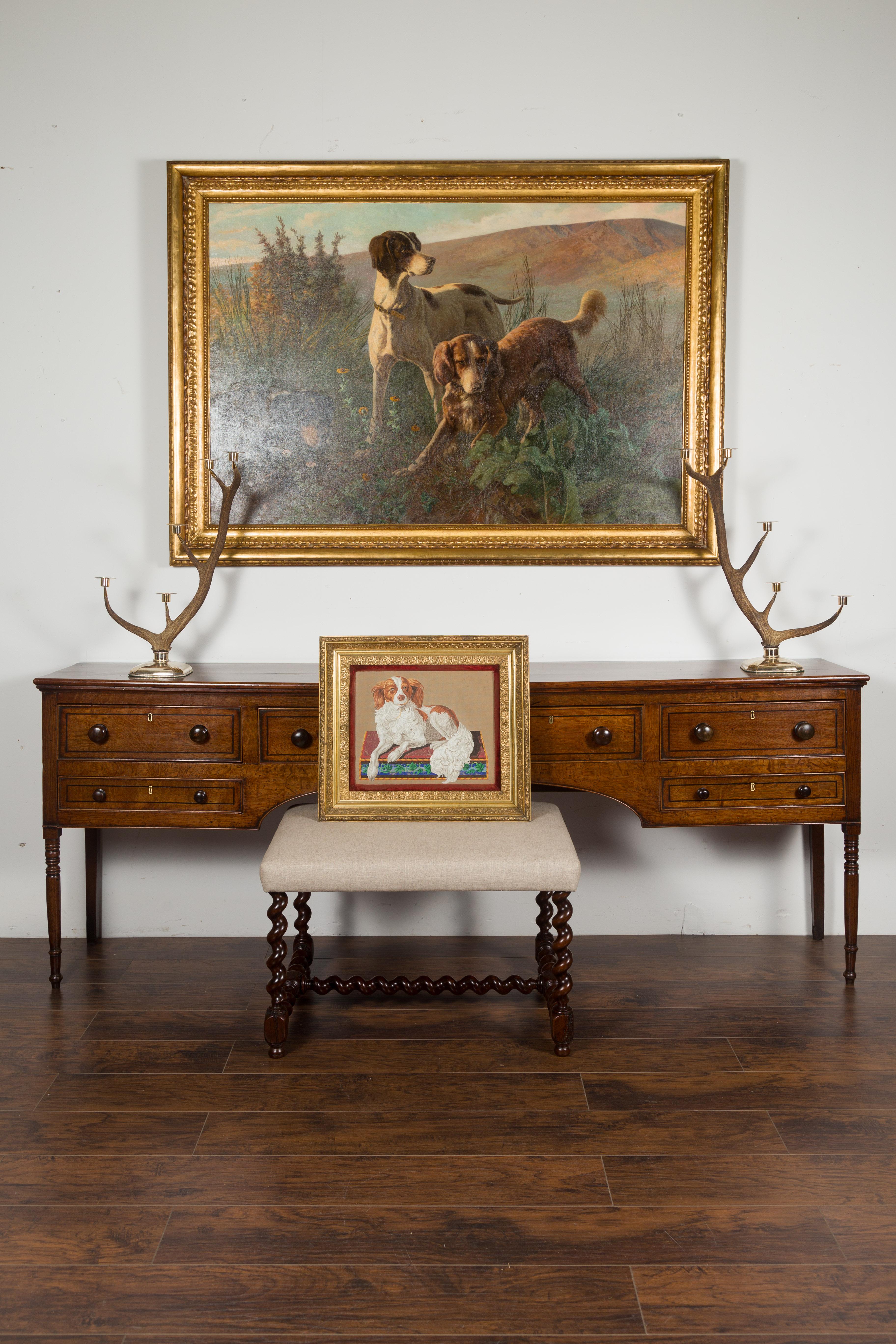 English 1880s Gilt Framed Needlepoint Template Depicting a Spaniel Dog In Good Condition In Atlanta, GA