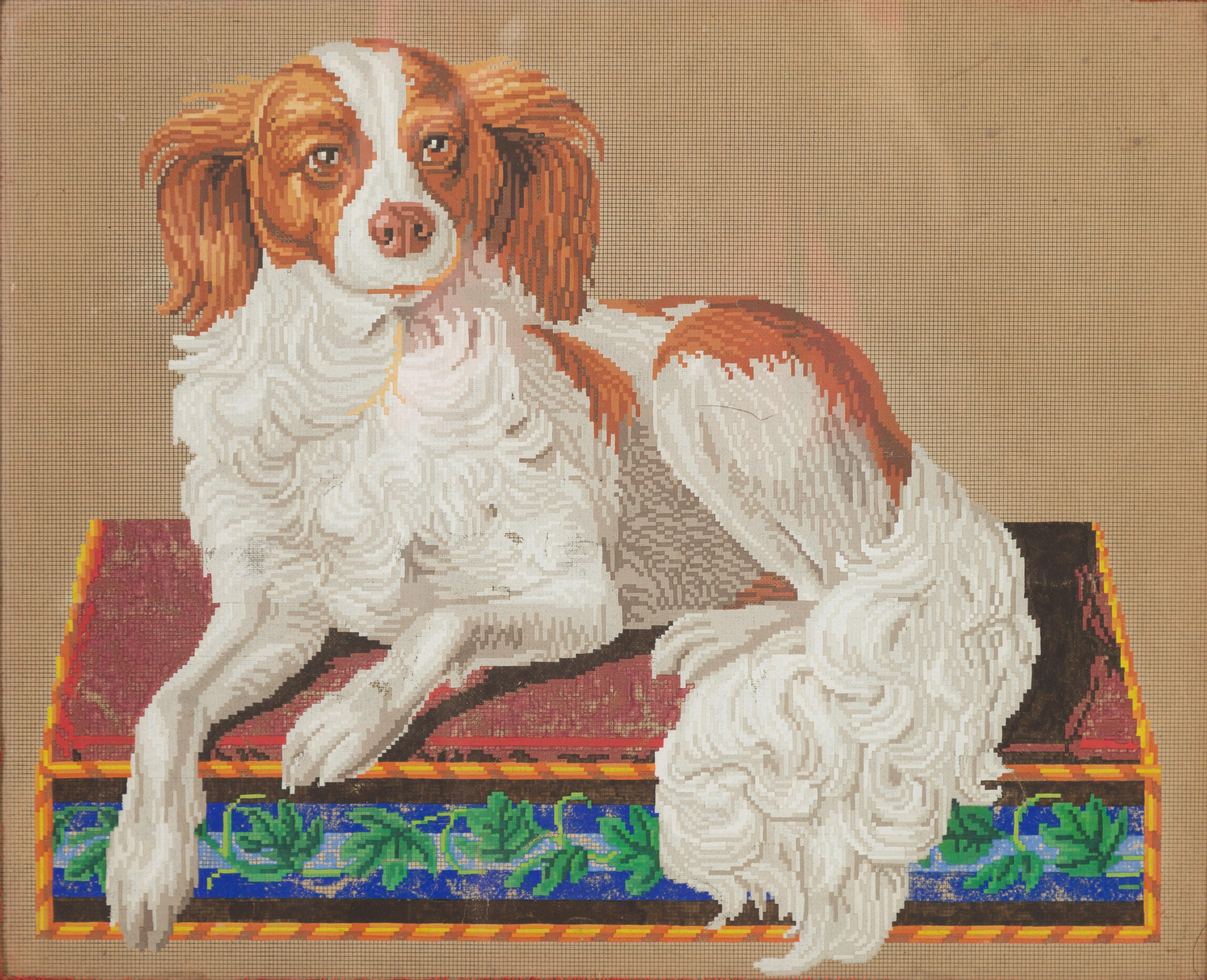 19th Century English 1880s Gilt Framed Needlepoint Template Depicting a Spaniel Dog