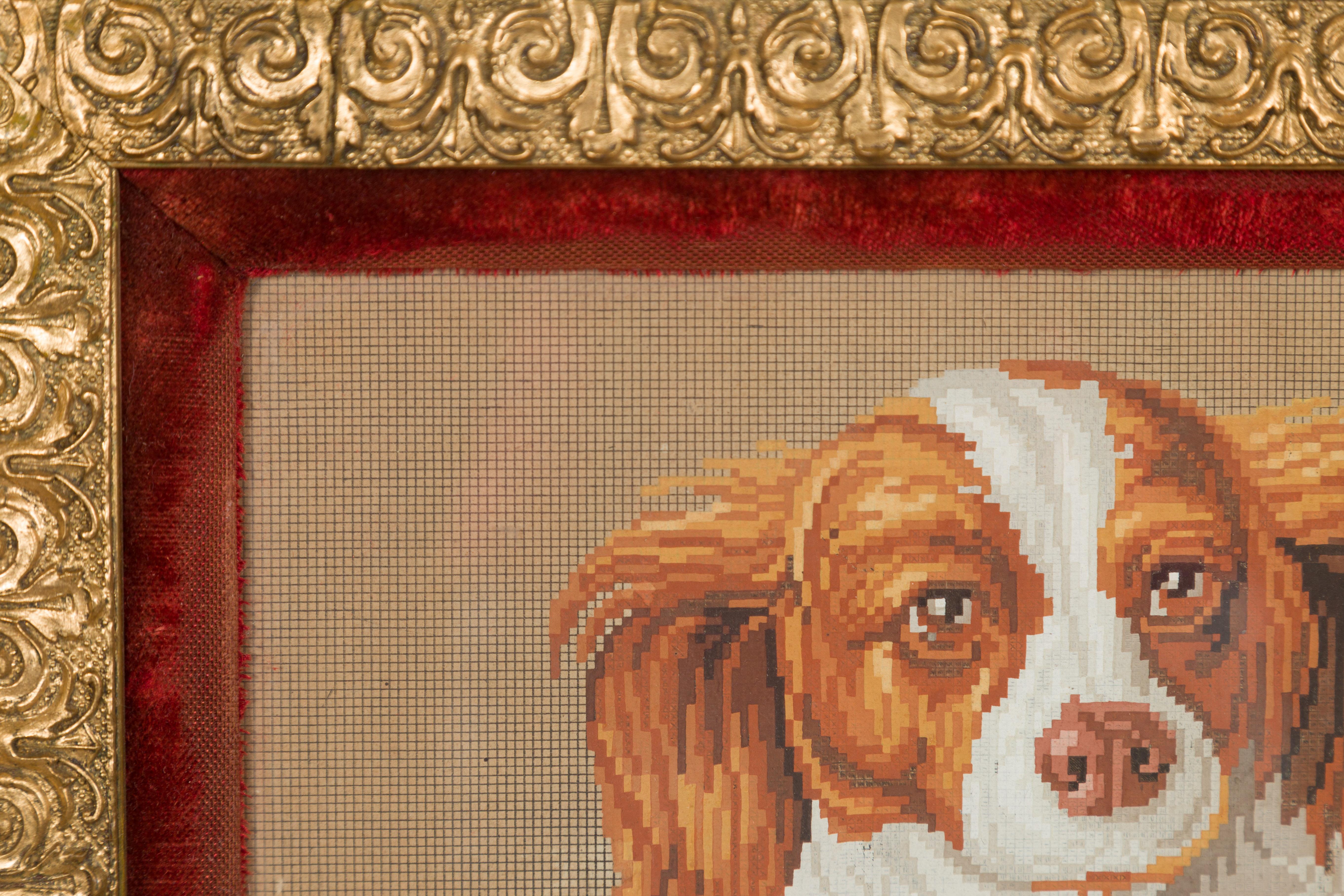 English 1880s Gilt Framed Needlepoint Template Depicting a Spaniel Dog 1