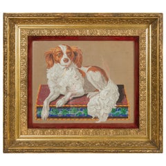 Antique English 1880s Gilt Framed Needlepoint Template Depicting a Spaniel Dog