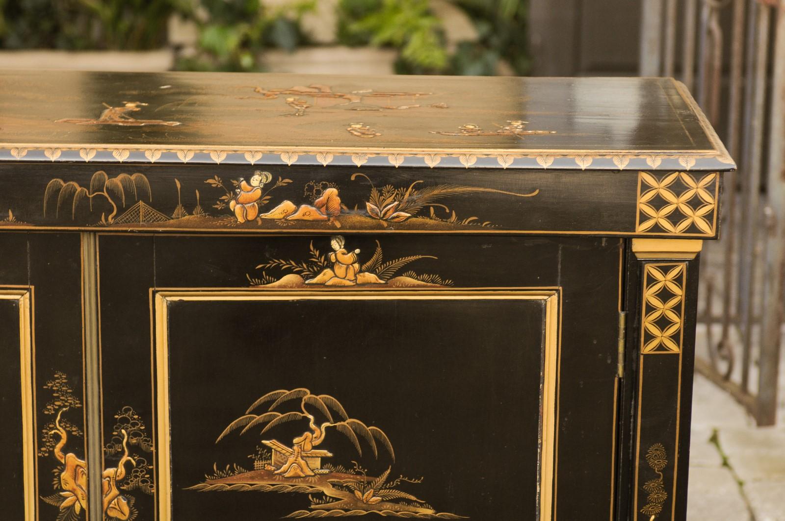 English 1880s Japanned Black Two-Door Buffet with Hand Painted Chinoiserie Decor 13