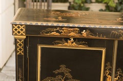 English 1880s Japanned Black Two-Door Buffet with Hand Painted Chinoiserie Decor