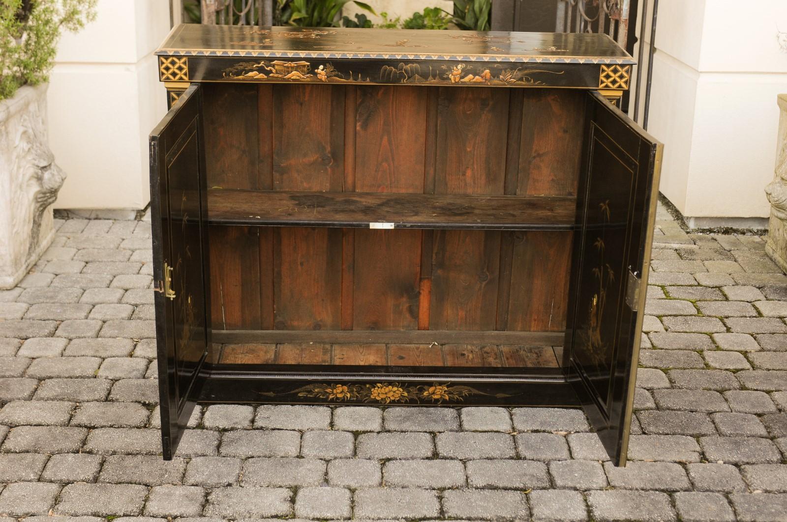 English 1880s Japanned Black Two-Door Buffet with Hand Painted Chinoiserie Decor 1