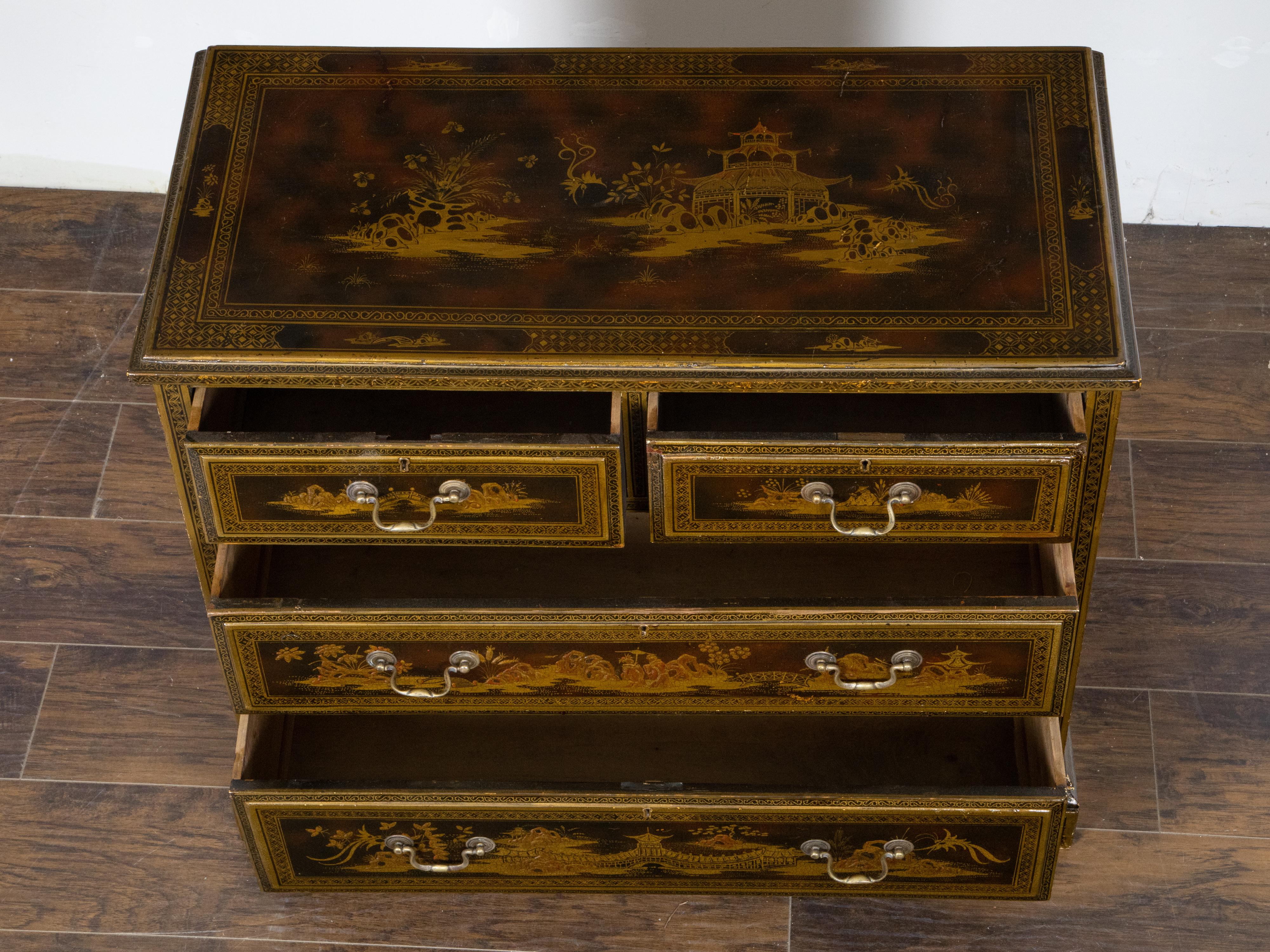 English 1880s Lacquered Four Drawer Commode with Golden chinoiserie Décor 5