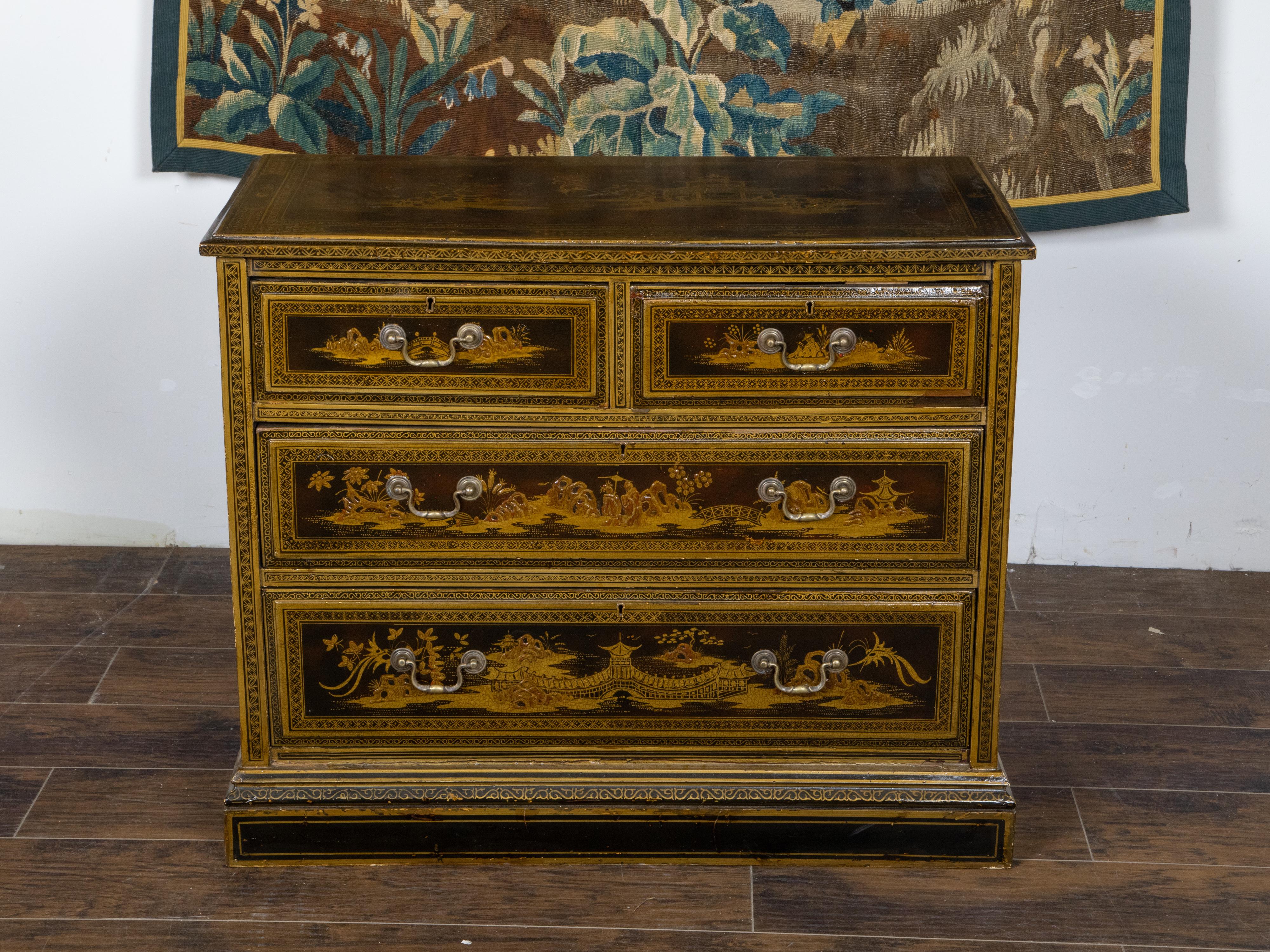 Chinoiserie English 1880s Lacquered Four Drawer Commode with Golden chinoiserie Décor