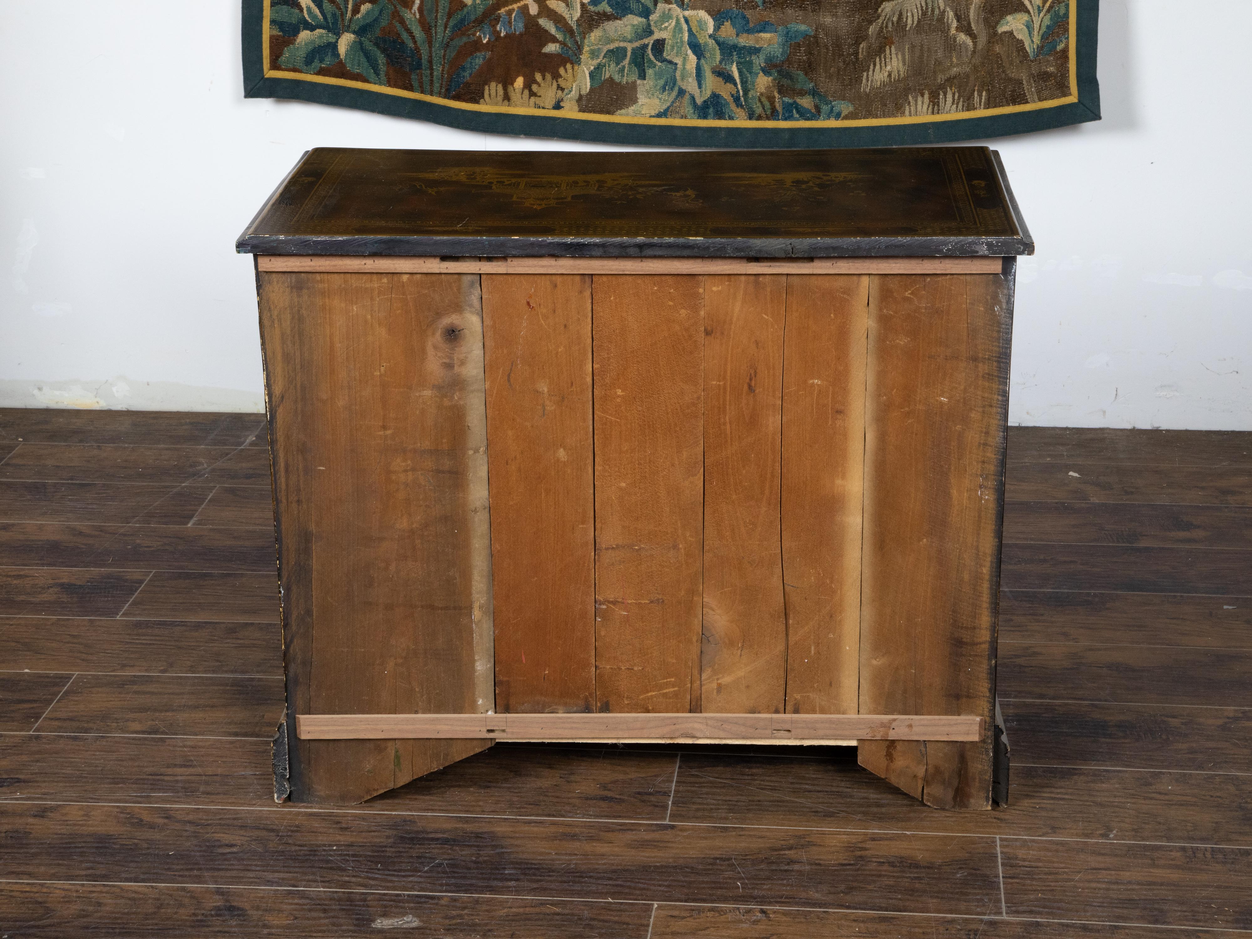 19th Century English 1880s Lacquered Four Drawer Commode with Golden chinoiserie Décor