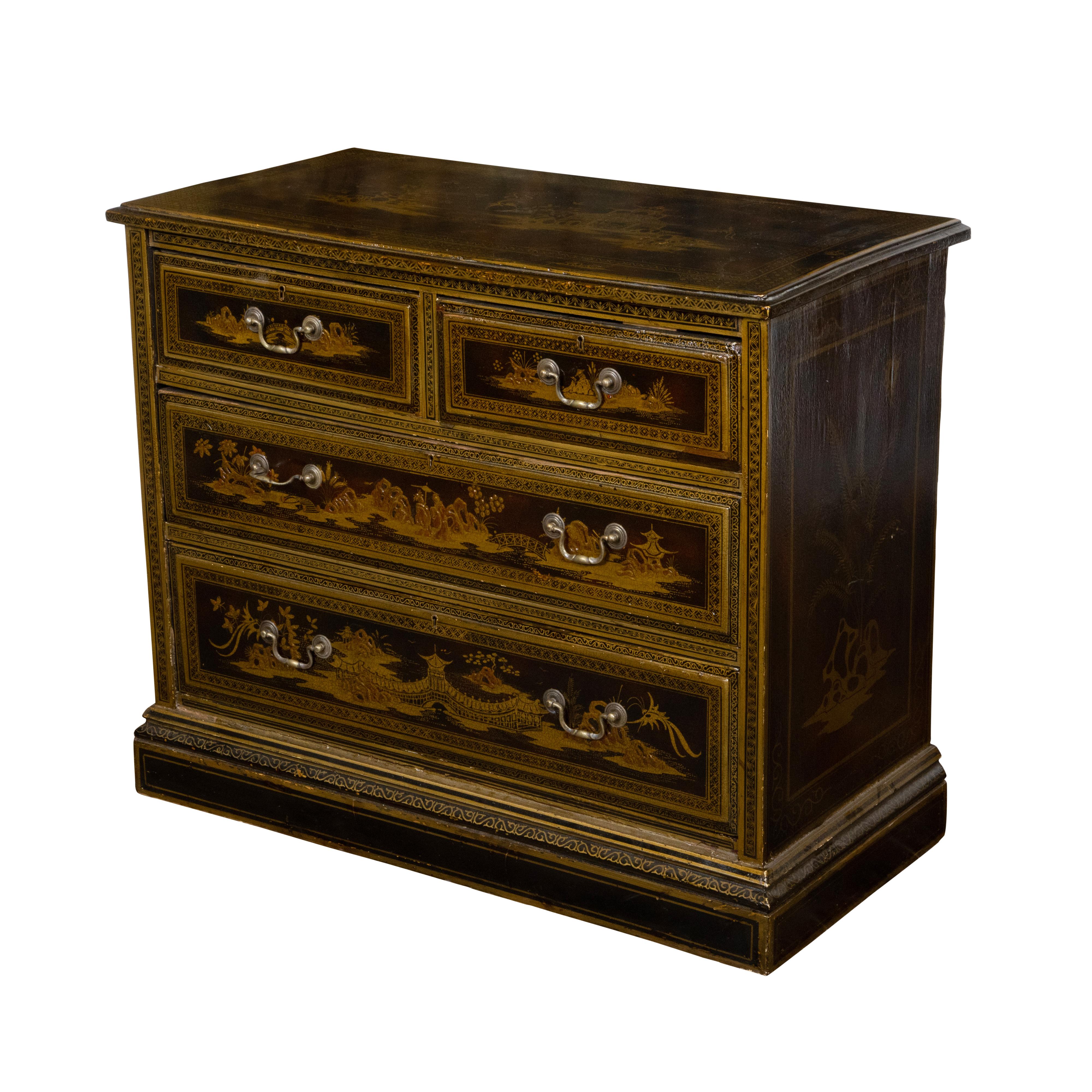 English 1880s Lacquered Four Drawer Commode with Golden chinoiserie Décor 1