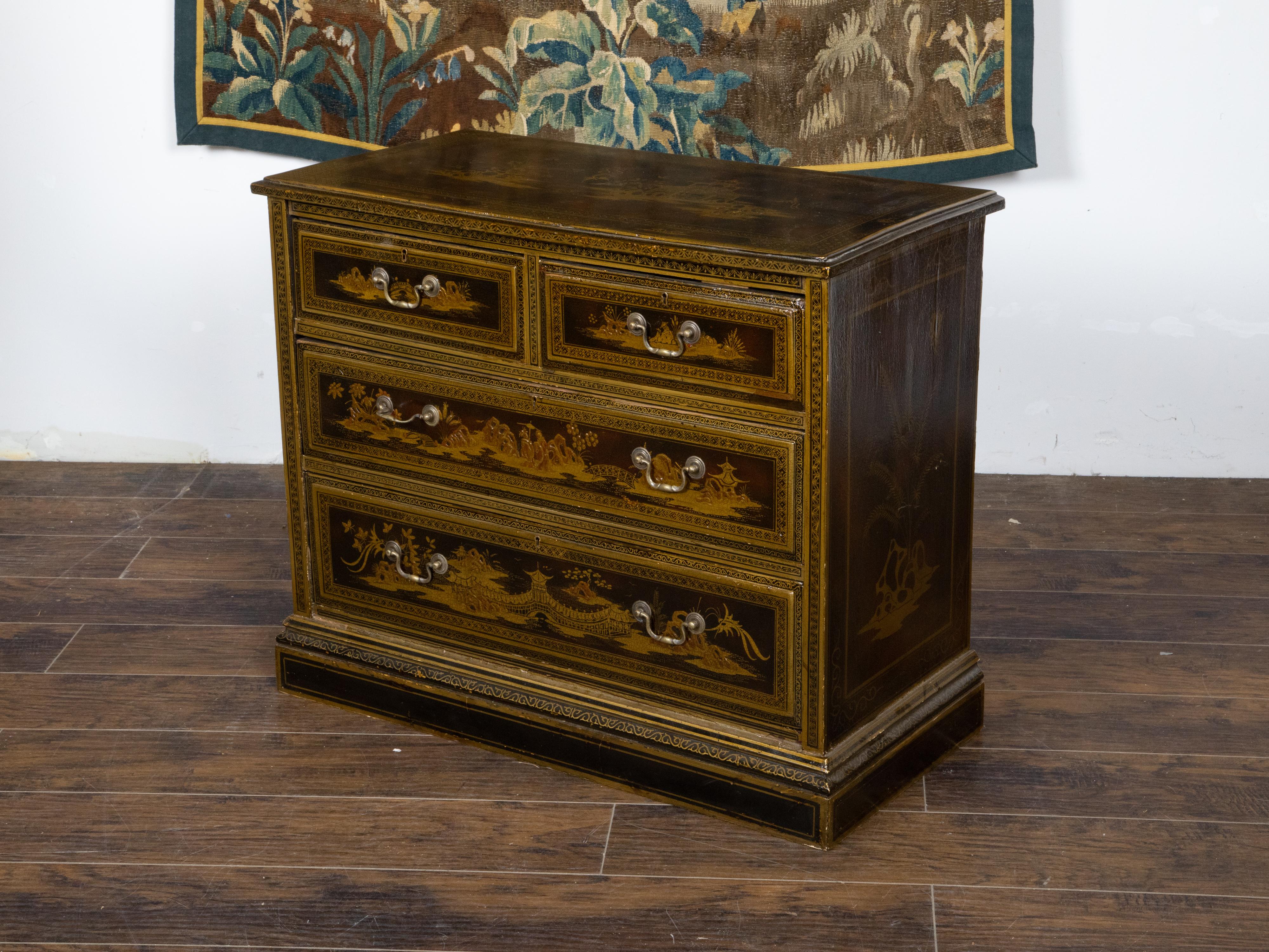 English 1880s Lacquered Four Drawer Commode with Golden chinoiserie Décor 2