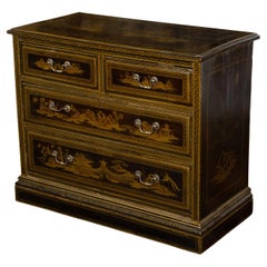 English 1880s Lacquered Four Drawer Commode with Golden chinoiserie Décor