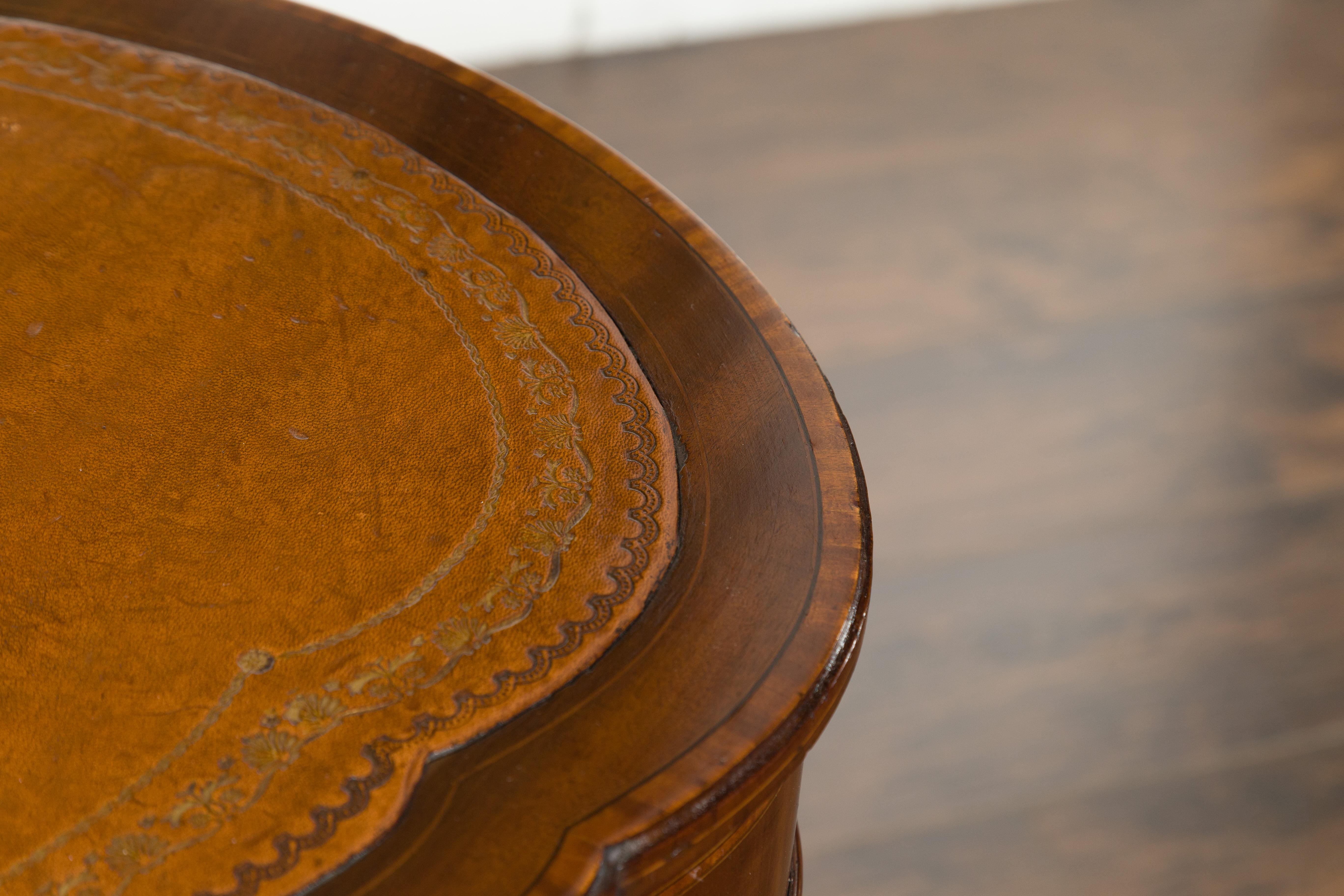 English 1880s Mahogany Kidney Table with Leather Top, Banding and Casters 9