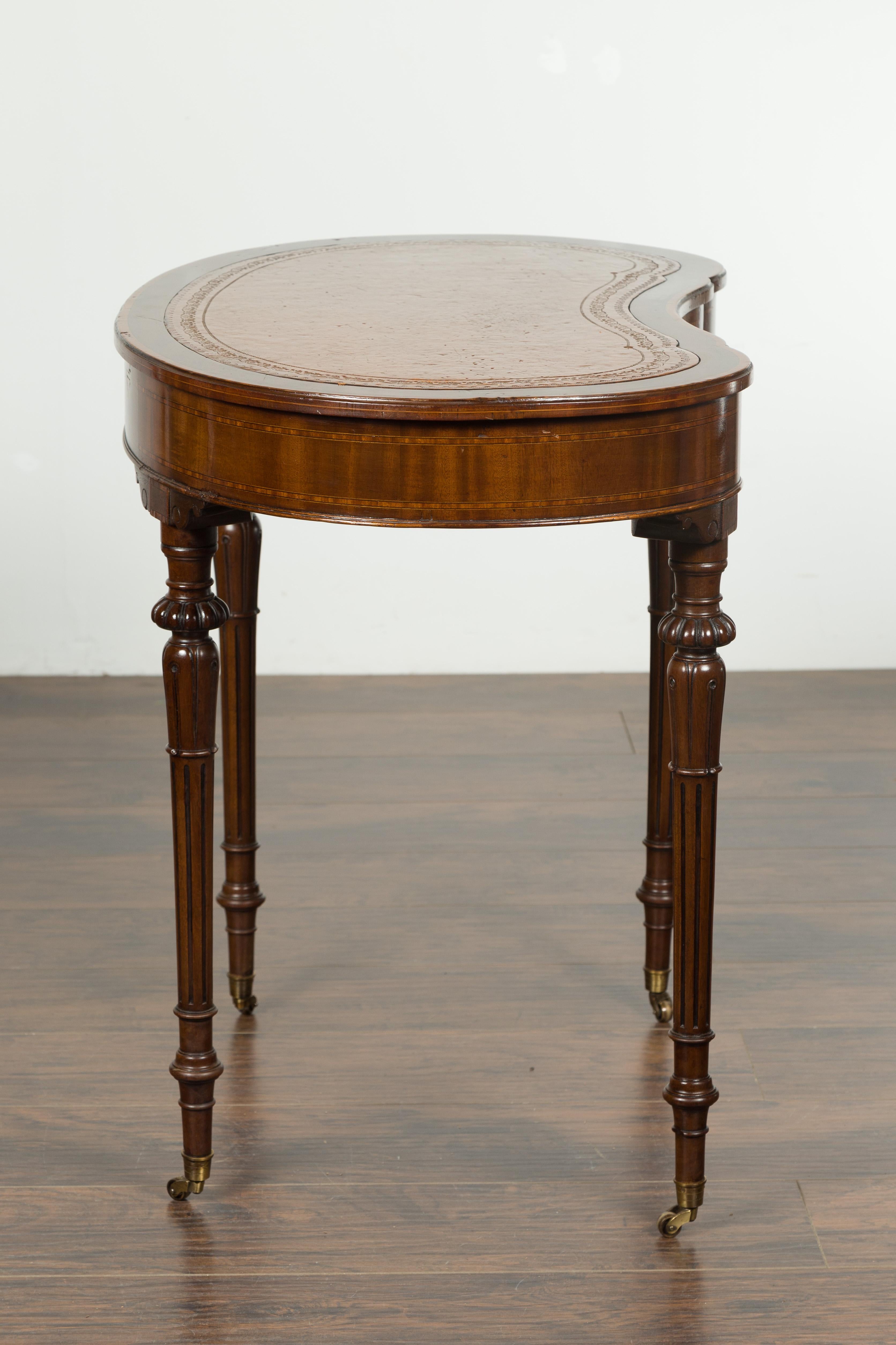English 1880s Mahogany Kidney Table with Leather Top, Banding and Casters 10