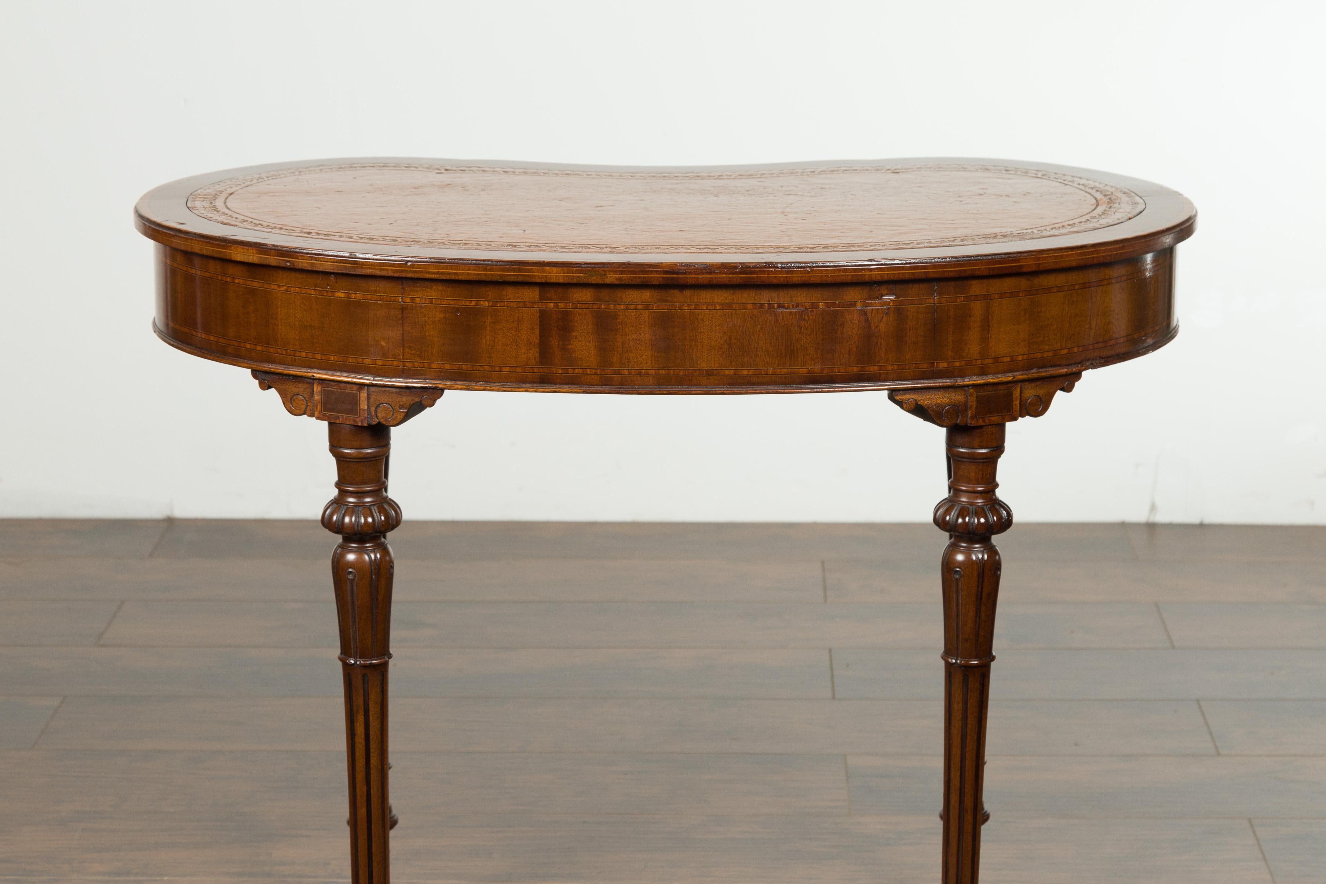 English 1880s Mahogany Kidney Table with Leather Top, Banding and Casters 13