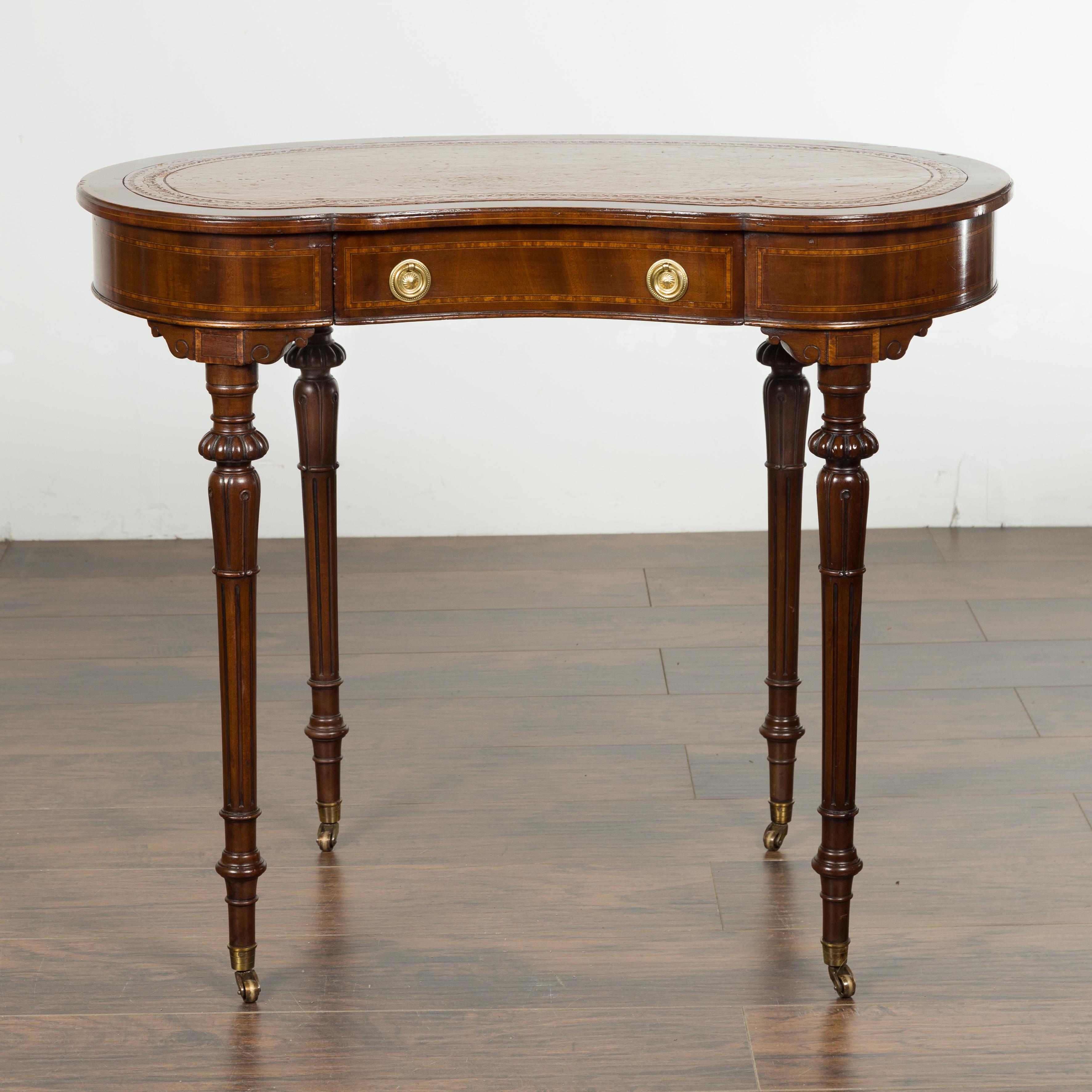 Inlay English 1880s Mahogany Kidney Table with Leather Top, Banding and Casters