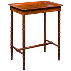 English 1880s Mahogany Tray Top Side Table with Faux Bamboo Base and Drawer