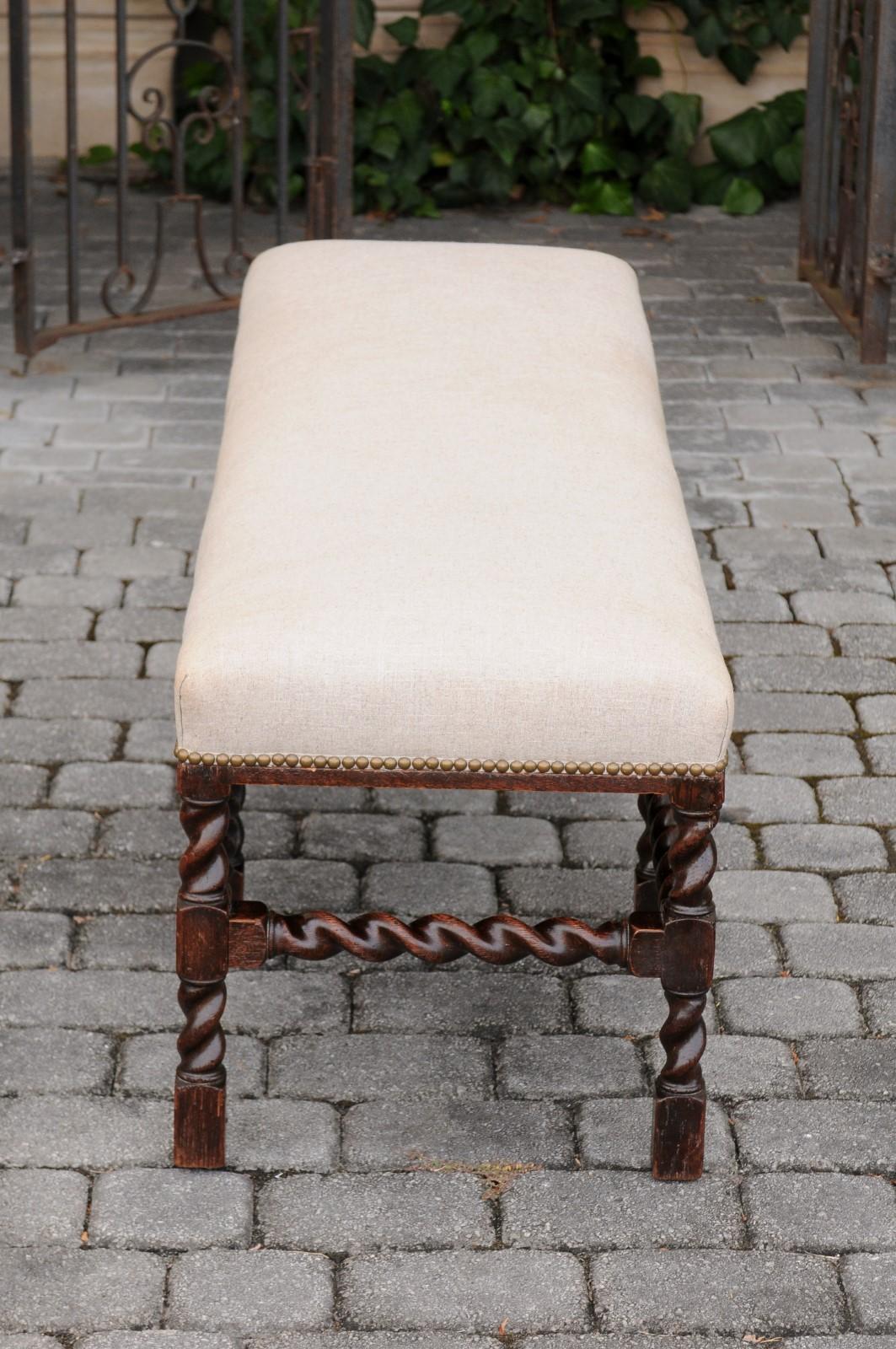Brass English 1880s Oak Barley Twist Bench with Dark Patina and New Upholstery