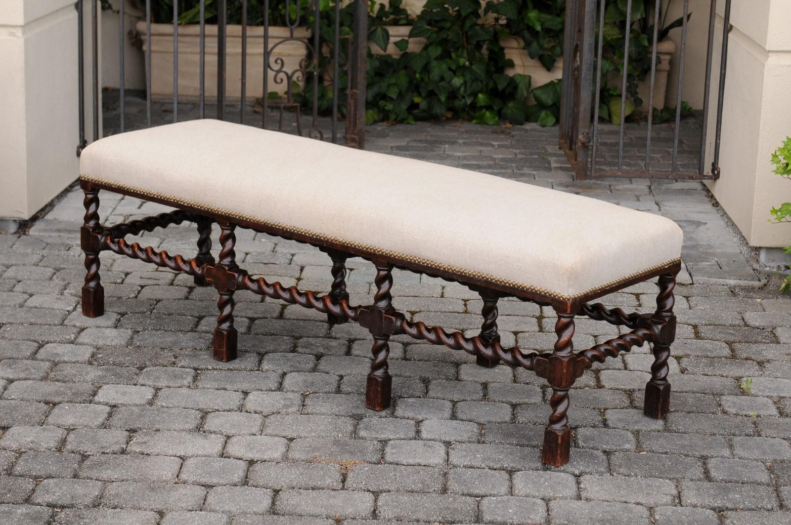 English 1880s Oak Barley Twist Bench with Dark Patina and New Upholstery 1