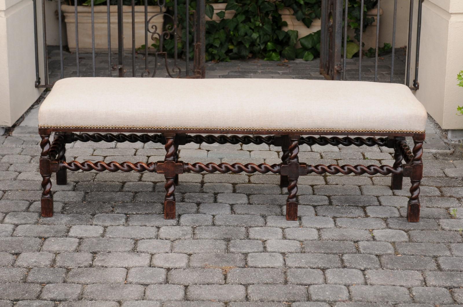 English 1880s Oak Barley Twist Bench with Dark Patina and New Upholstery 3