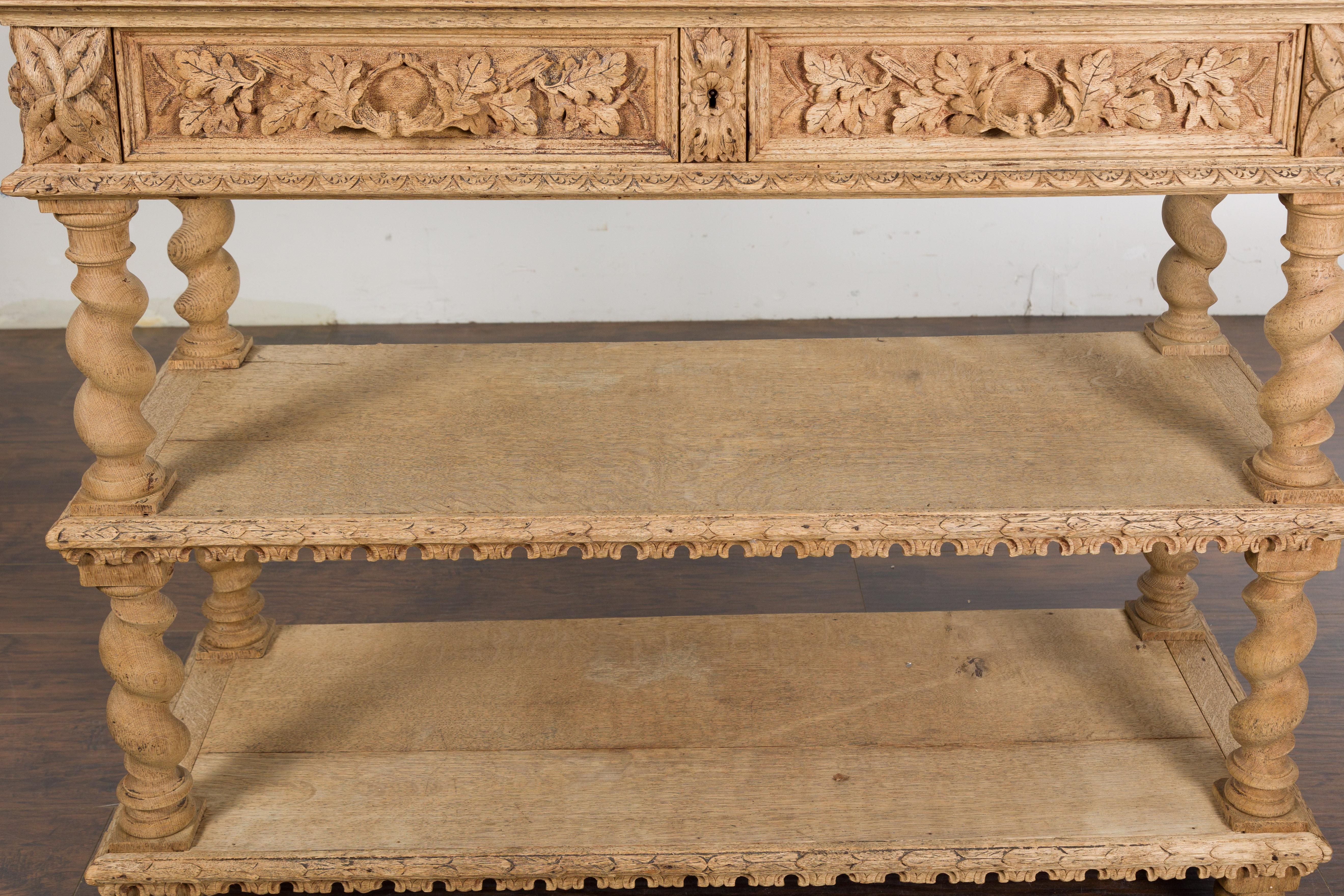English 1880s Oak Barley Twist Console Table with Two Foliage Carved Drawers For Sale 6
