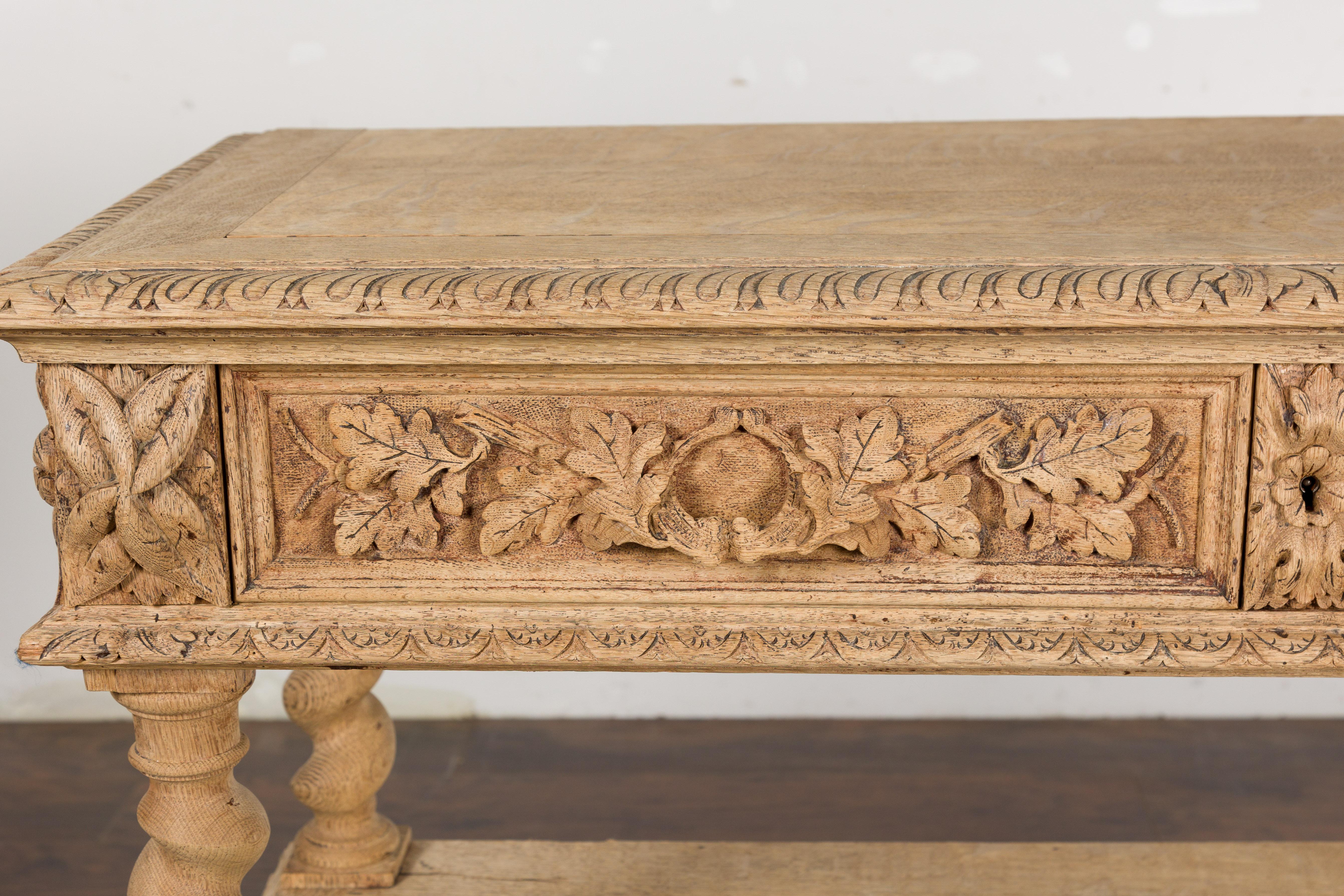 English 1880s Oak Barley Twist Console Table with Two Foliage Carved Drawers For Sale 7