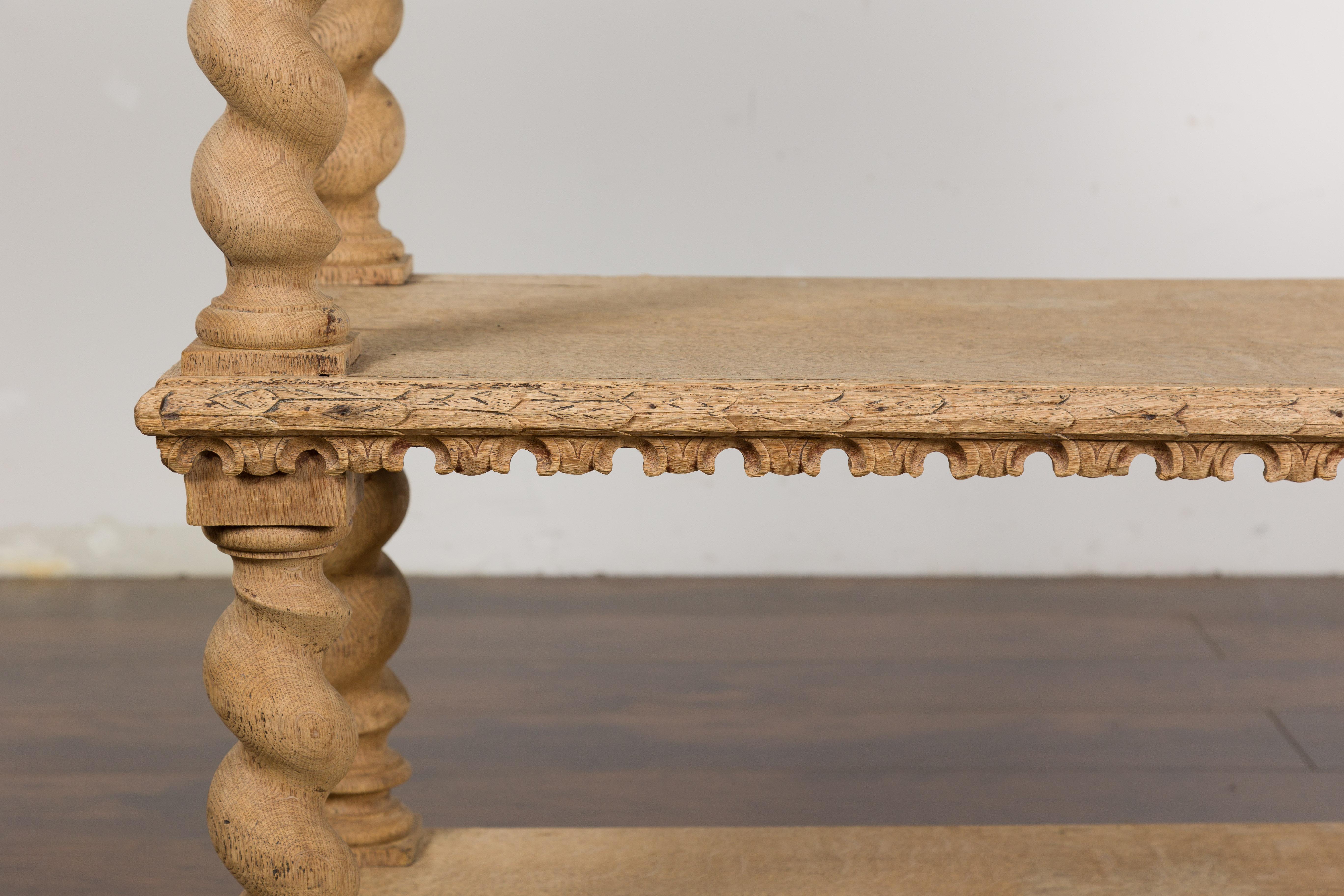 English 1880s Oak Barley Twist Console Table with Two Foliage Carved Drawers For Sale 8