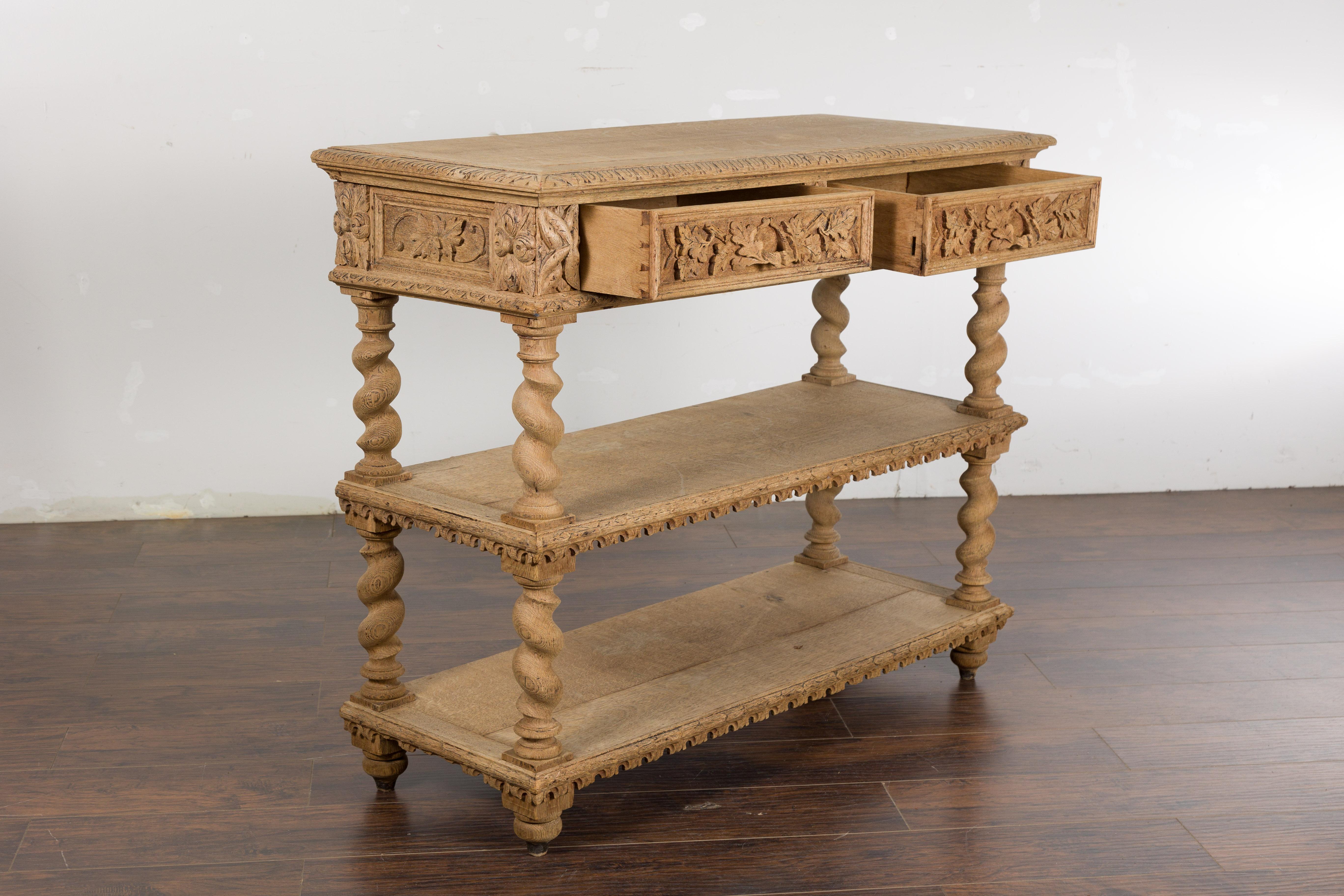 English 1880s Oak Barley Twist Console Table with Two Foliage Carved Drawers For Sale 10