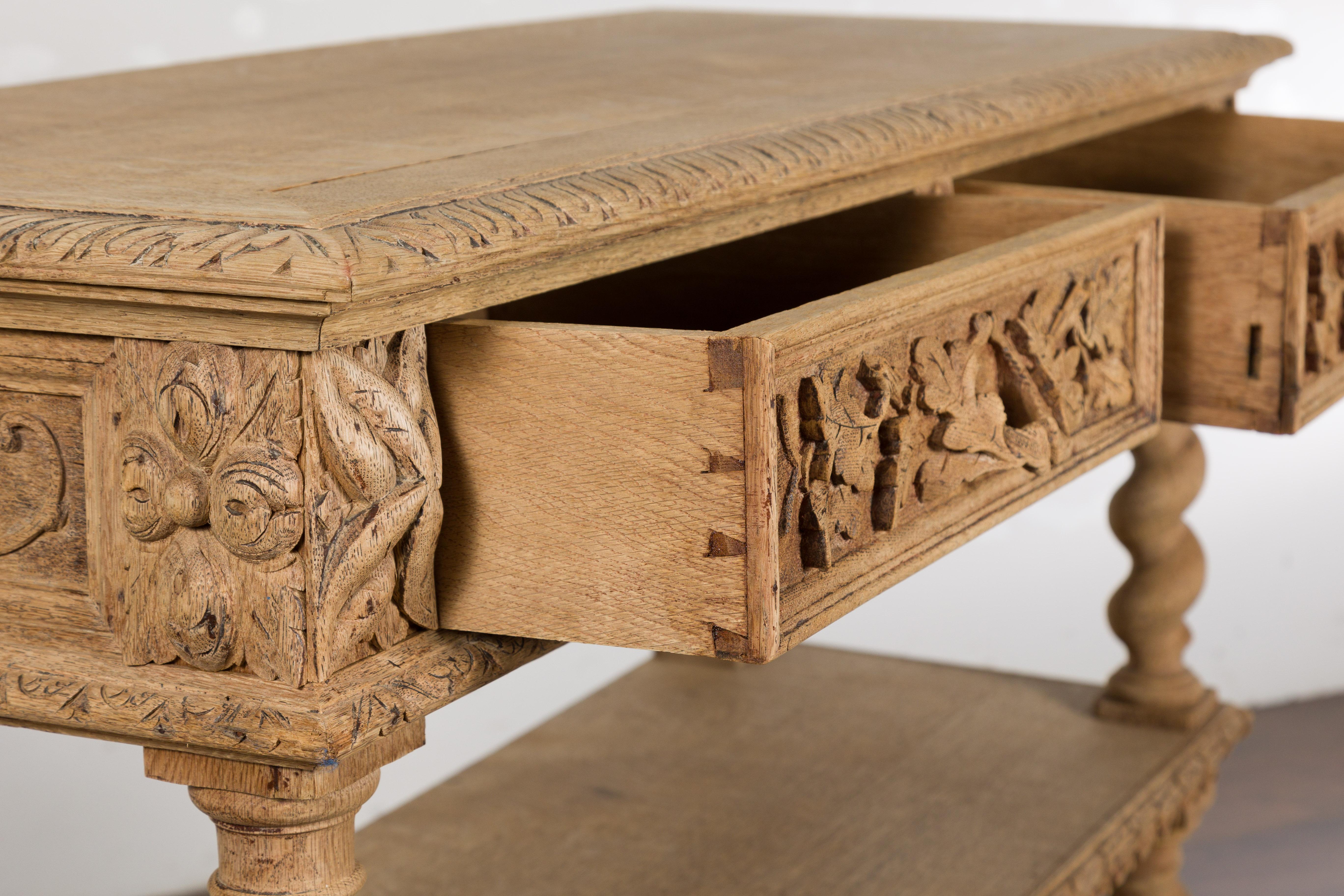 English 1880s Oak Barley Twist Console Table with Two Foliage Carved Drawers For Sale 11