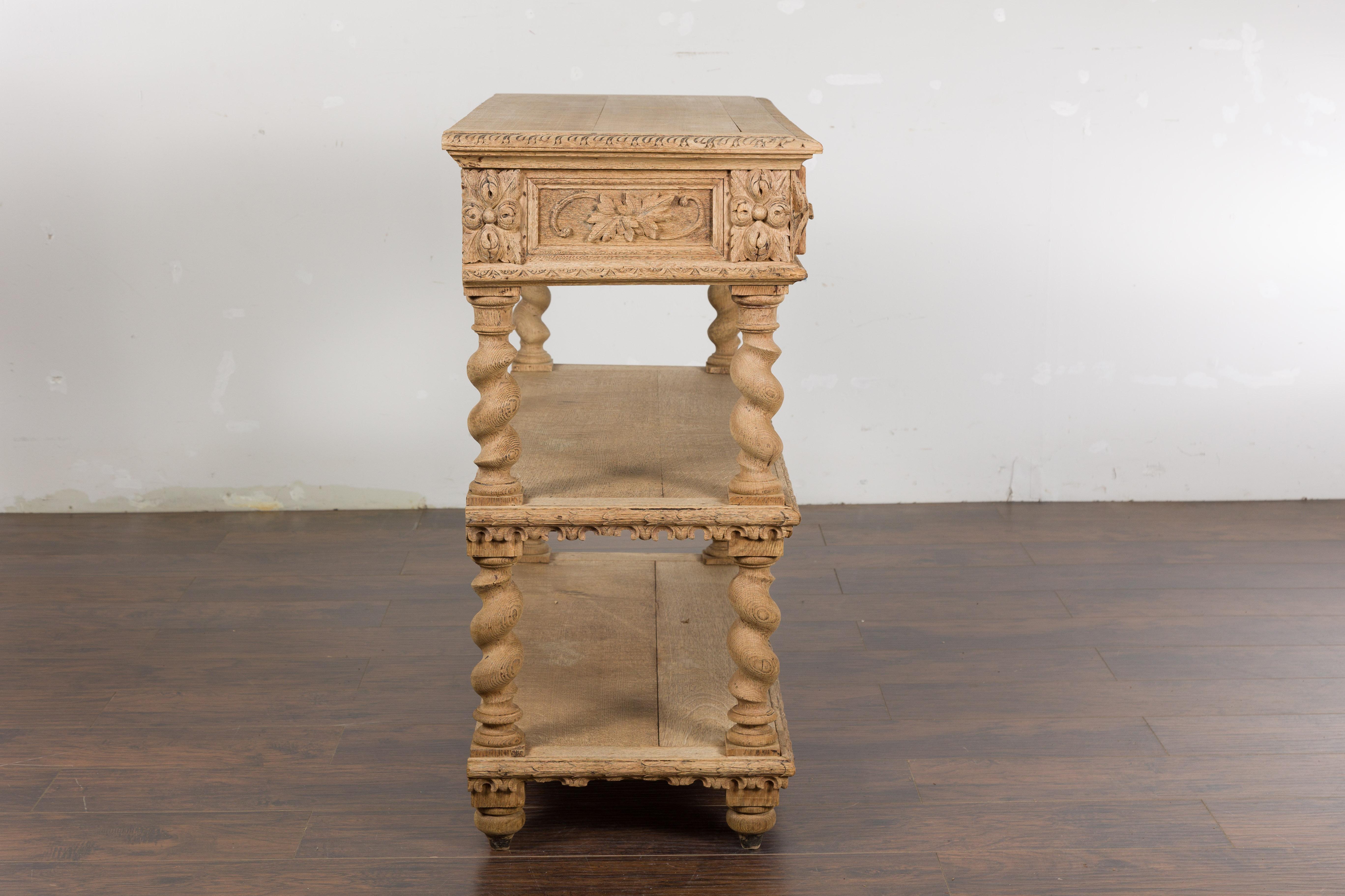 English 1880s Oak Barley Twist Console Table with Two Foliage Carved Drawers For Sale 12