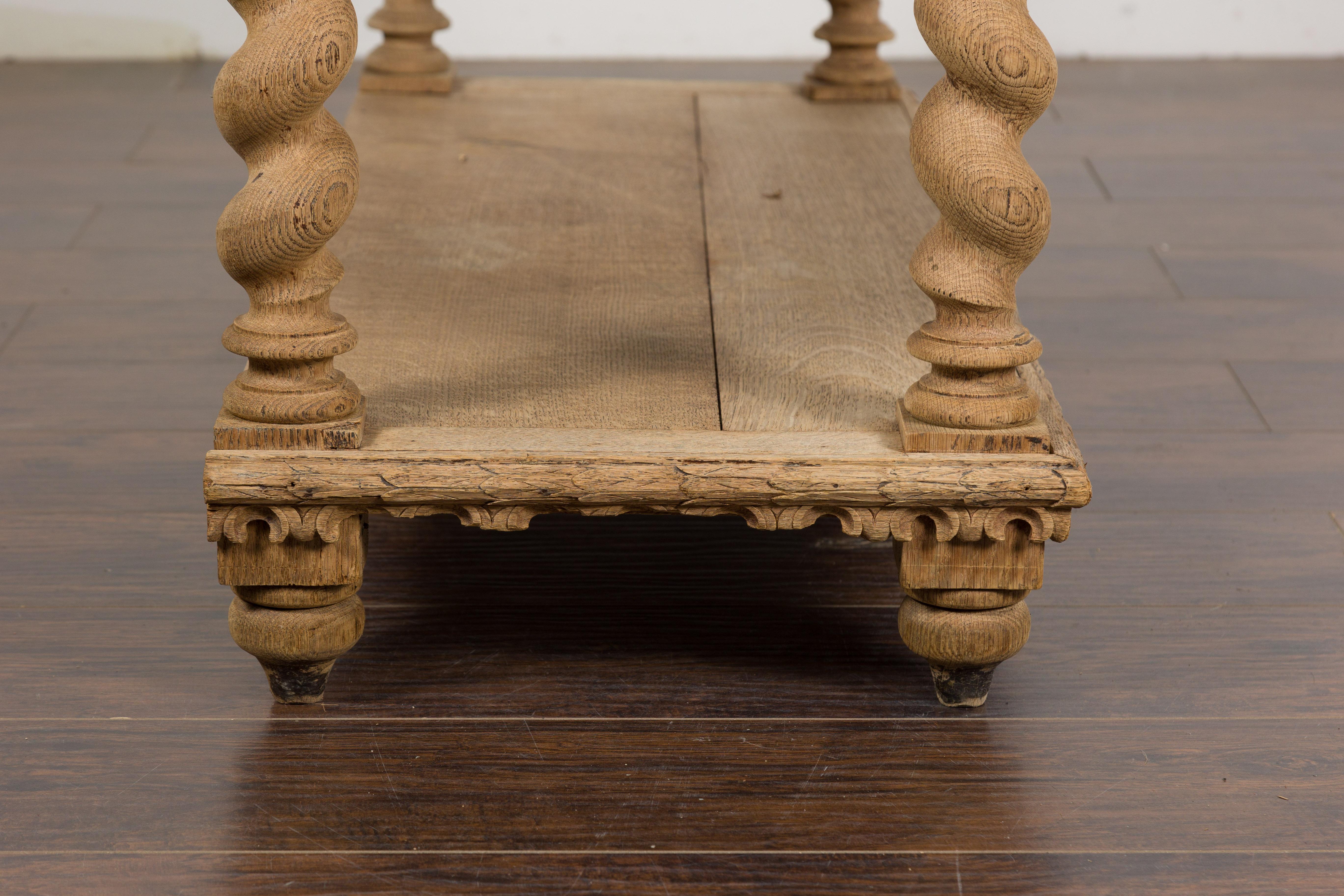 English 1880s Oak Barley Twist Console Table with Two Foliage Carved Drawers For Sale 13