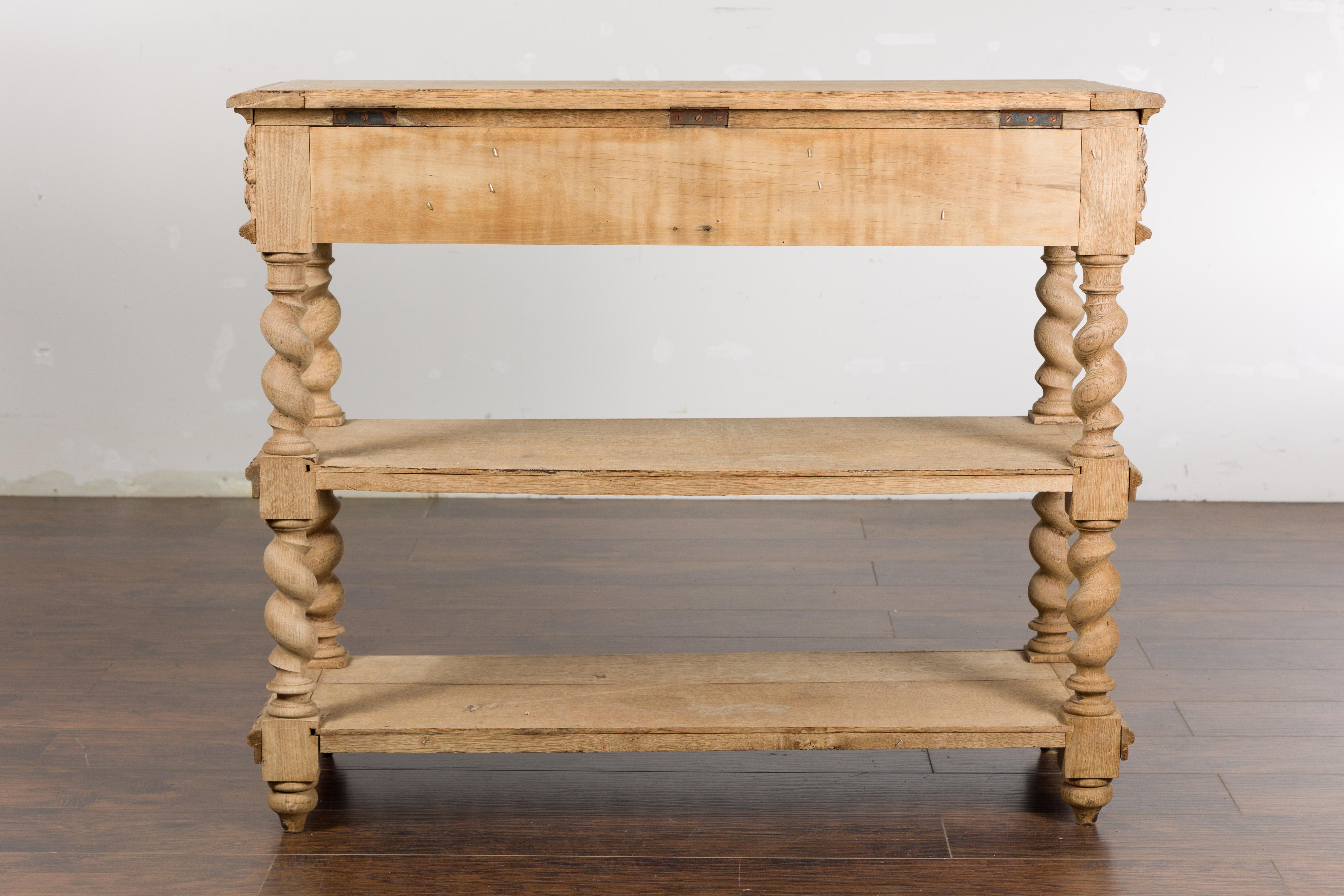 English 1880s Oak Barley Twist Console Table with Two Foliage Carved Drawers For Sale 14