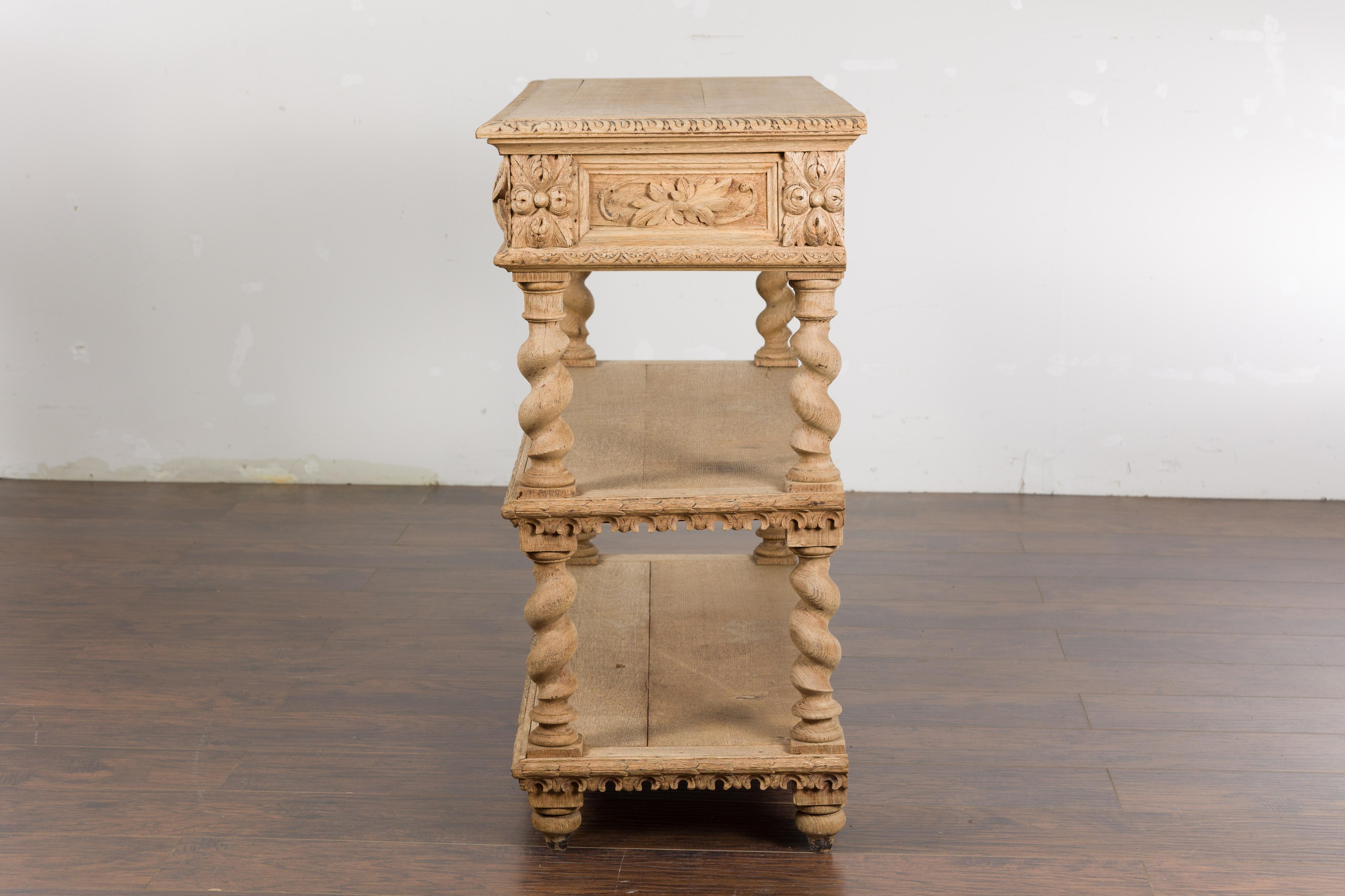 English 1880s Oak Barley Twist Console Table with Two Foliage Carved Drawers For Sale 15