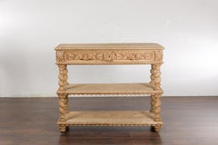 English 1880s Oak Barley Twist Console Table with Two Foliage Carved Drawers