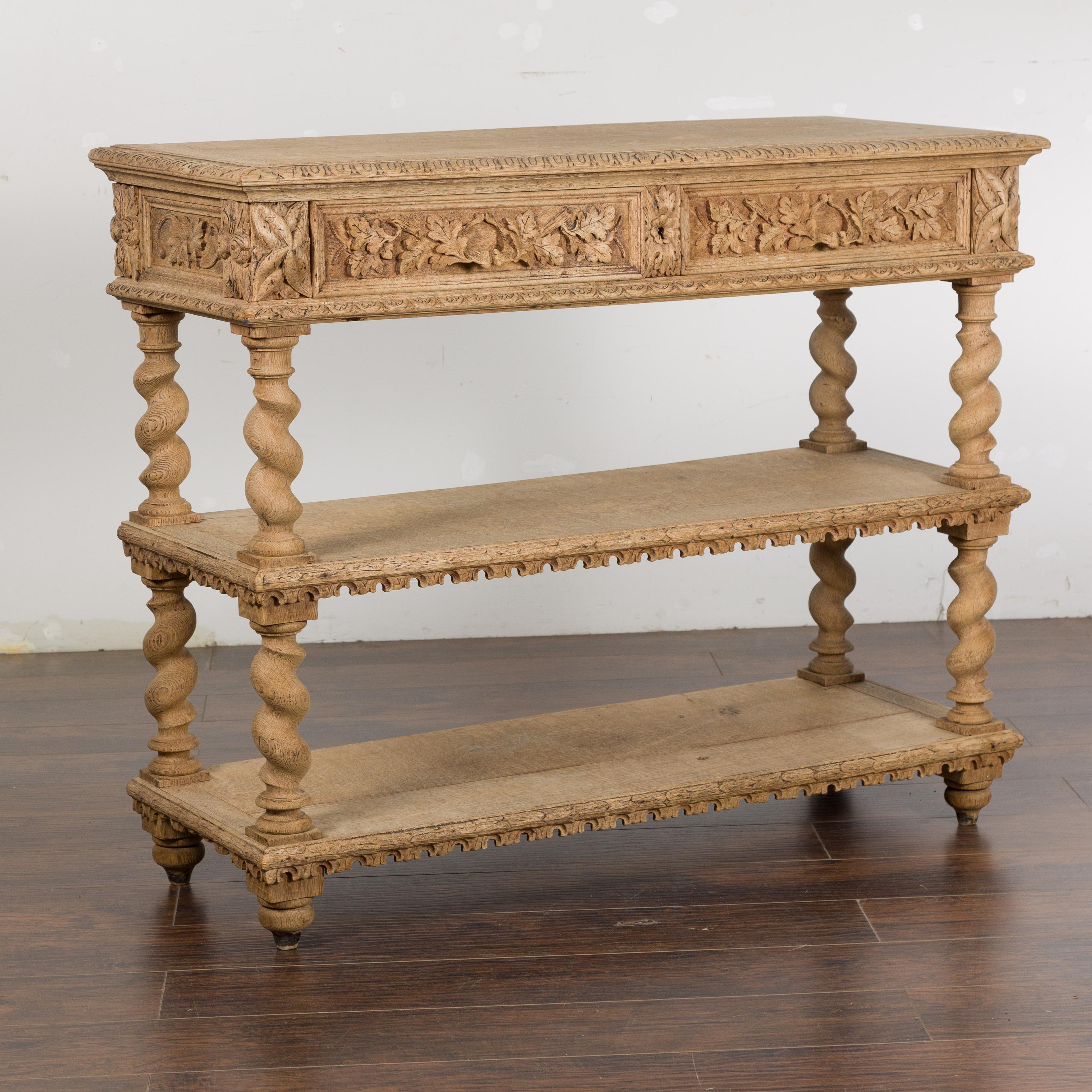 English 1880s Oak Barley Twist Console Table with Two Foliage Carved Drawers In Good Condition For Sale In Atlanta, GA
