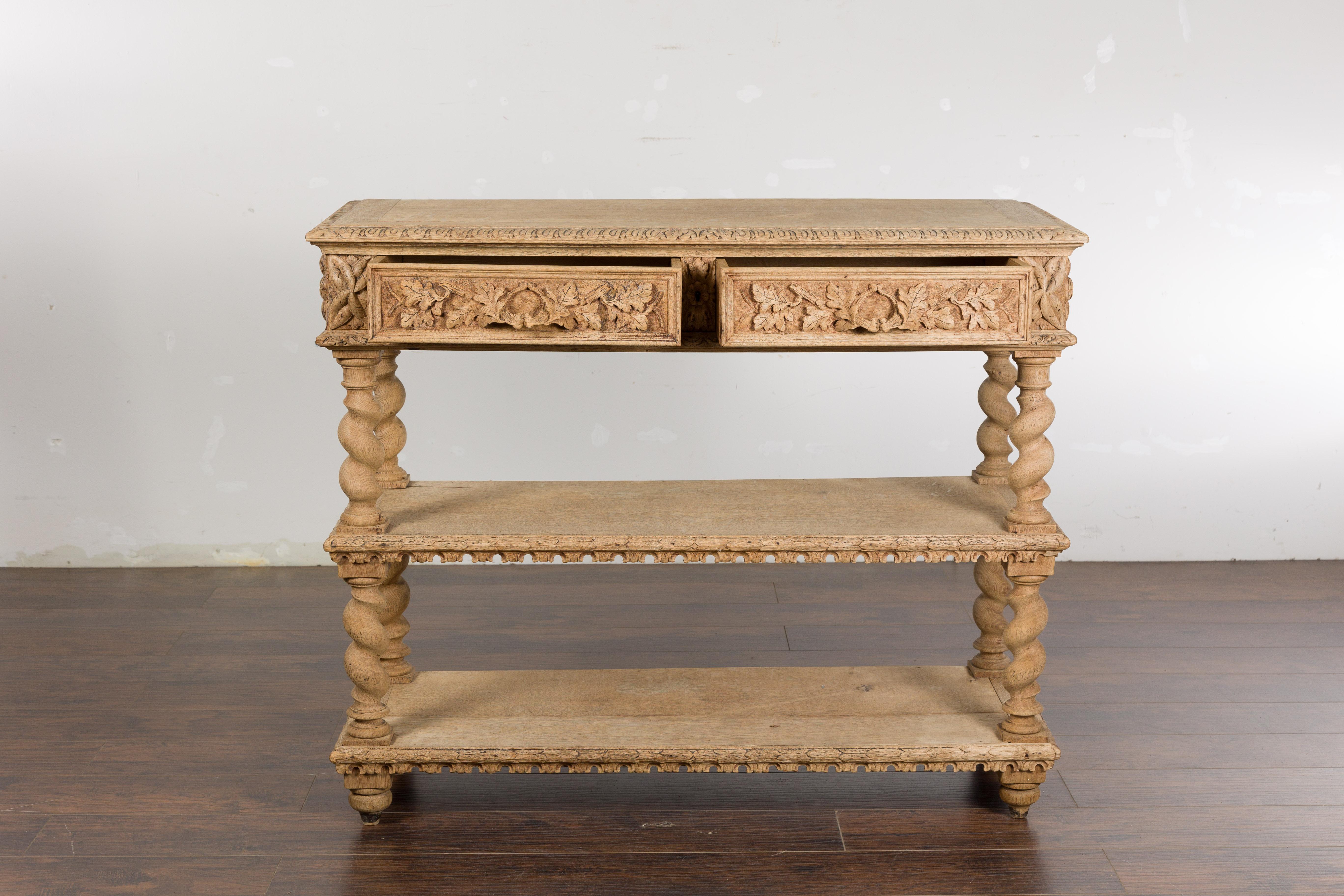 19th Century English 1880s Oak Barley Twist Console Table with Two Foliage Carved Drawers For Sale