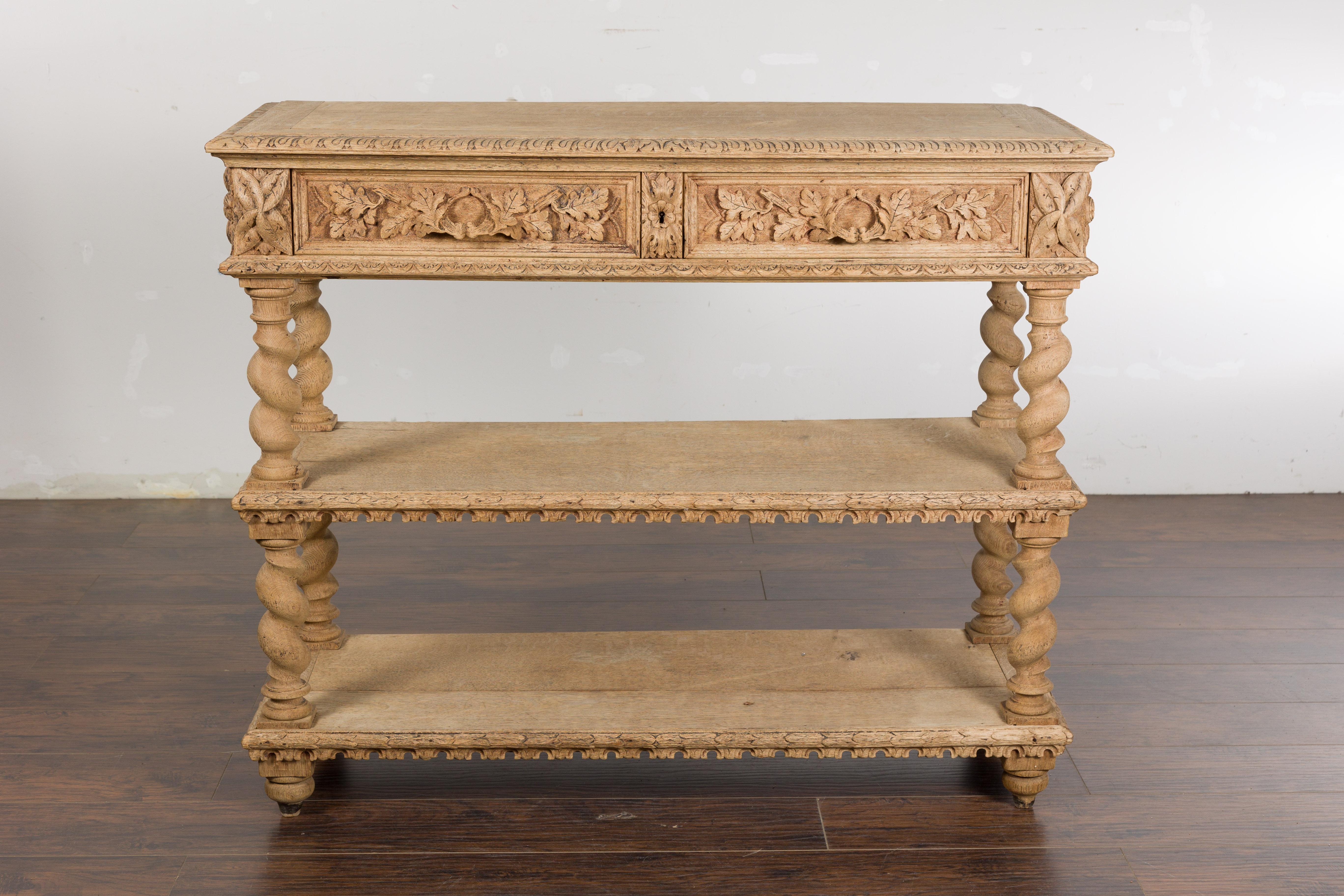 English 1880s Oak Barley Twist Console Table with Two Foliage Carved Drawers For Sale 1