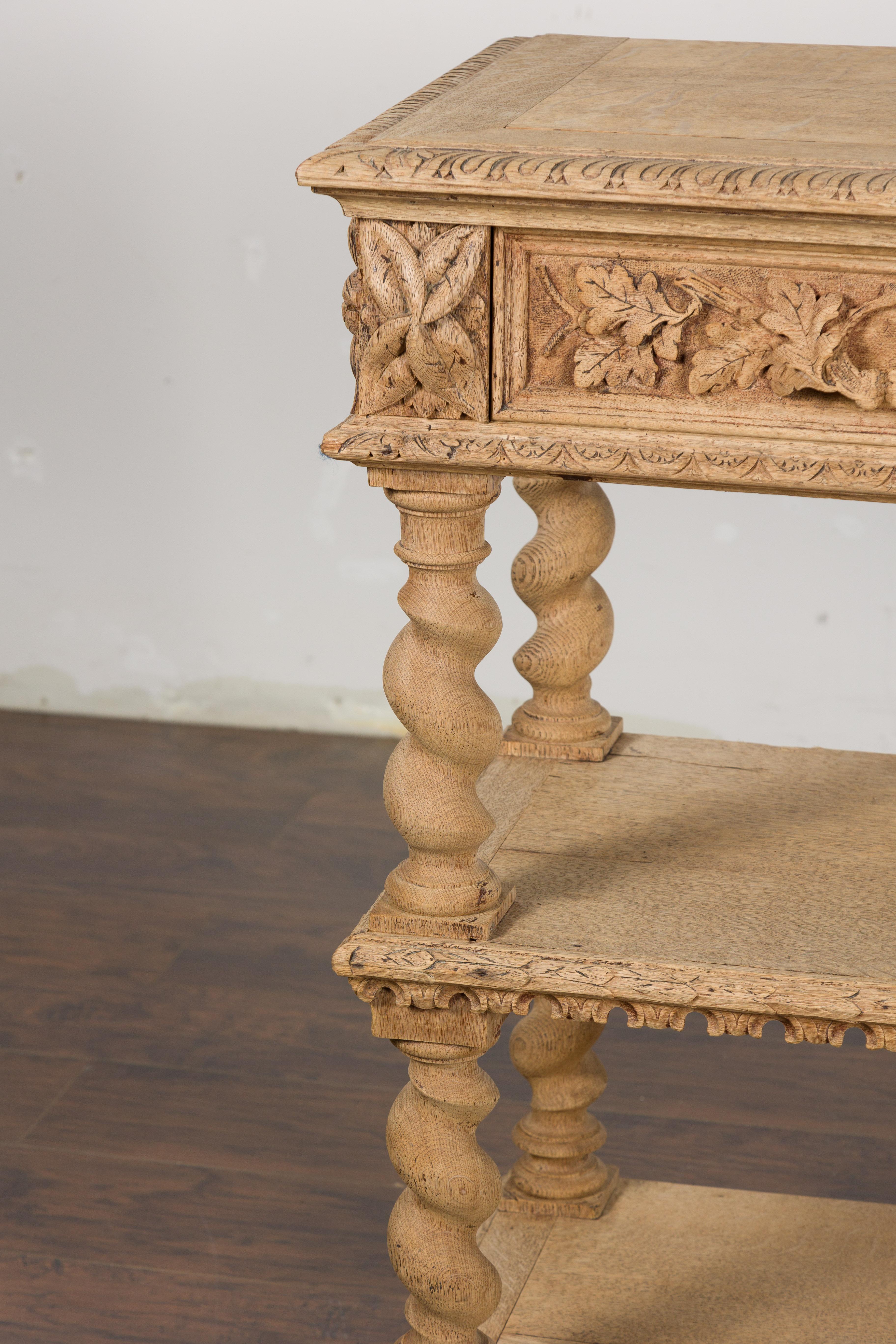 English 1880s Oak Barley Twist Console Table with Two Foliage Carved Drawers For Sale 4