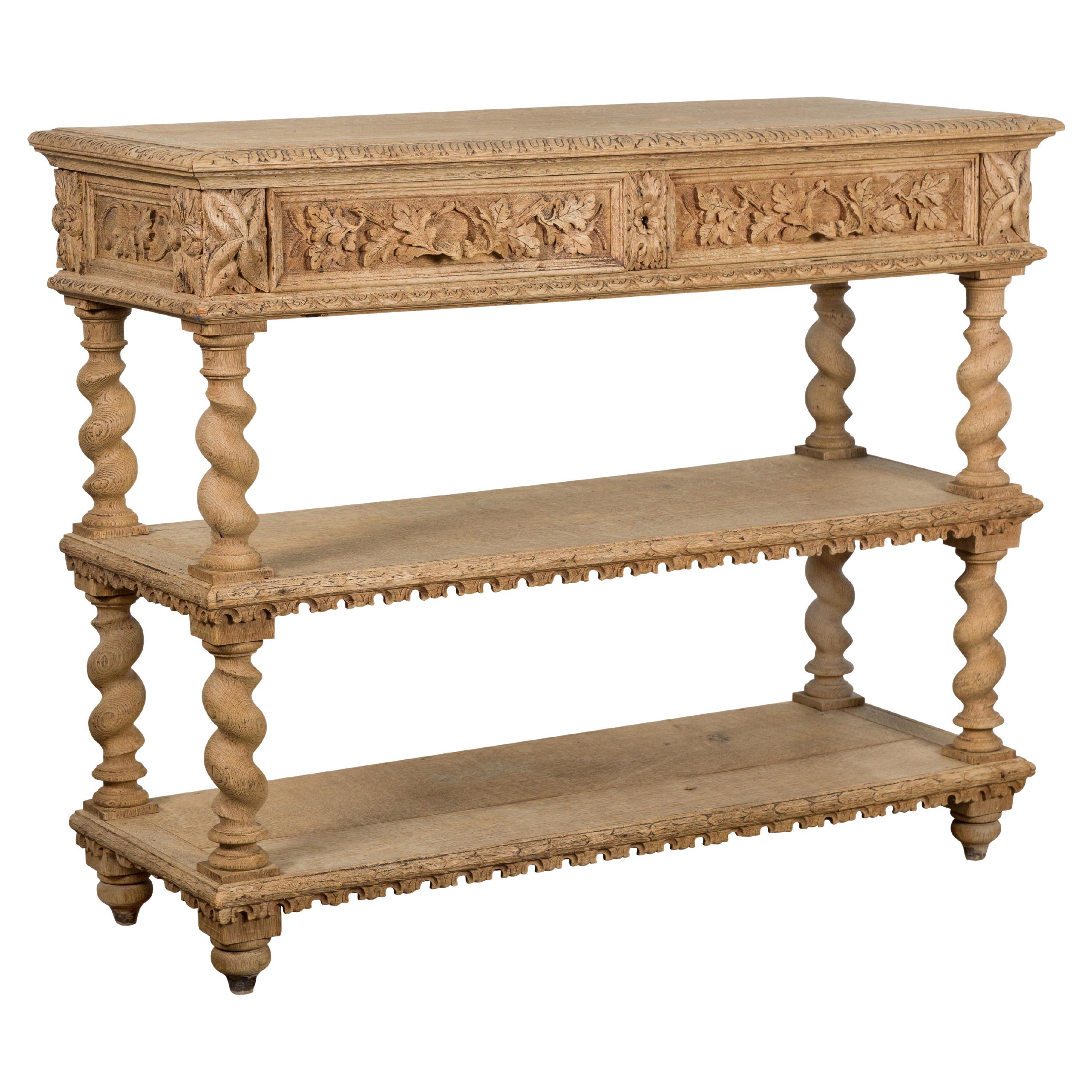 English 1880s Oak Barley Twist Console Table with Two Foliage Carved Drawers For Sale