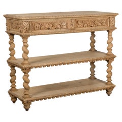 English 1880s Oak Barley Twist Console Table with Two Foliage Carved Drawers