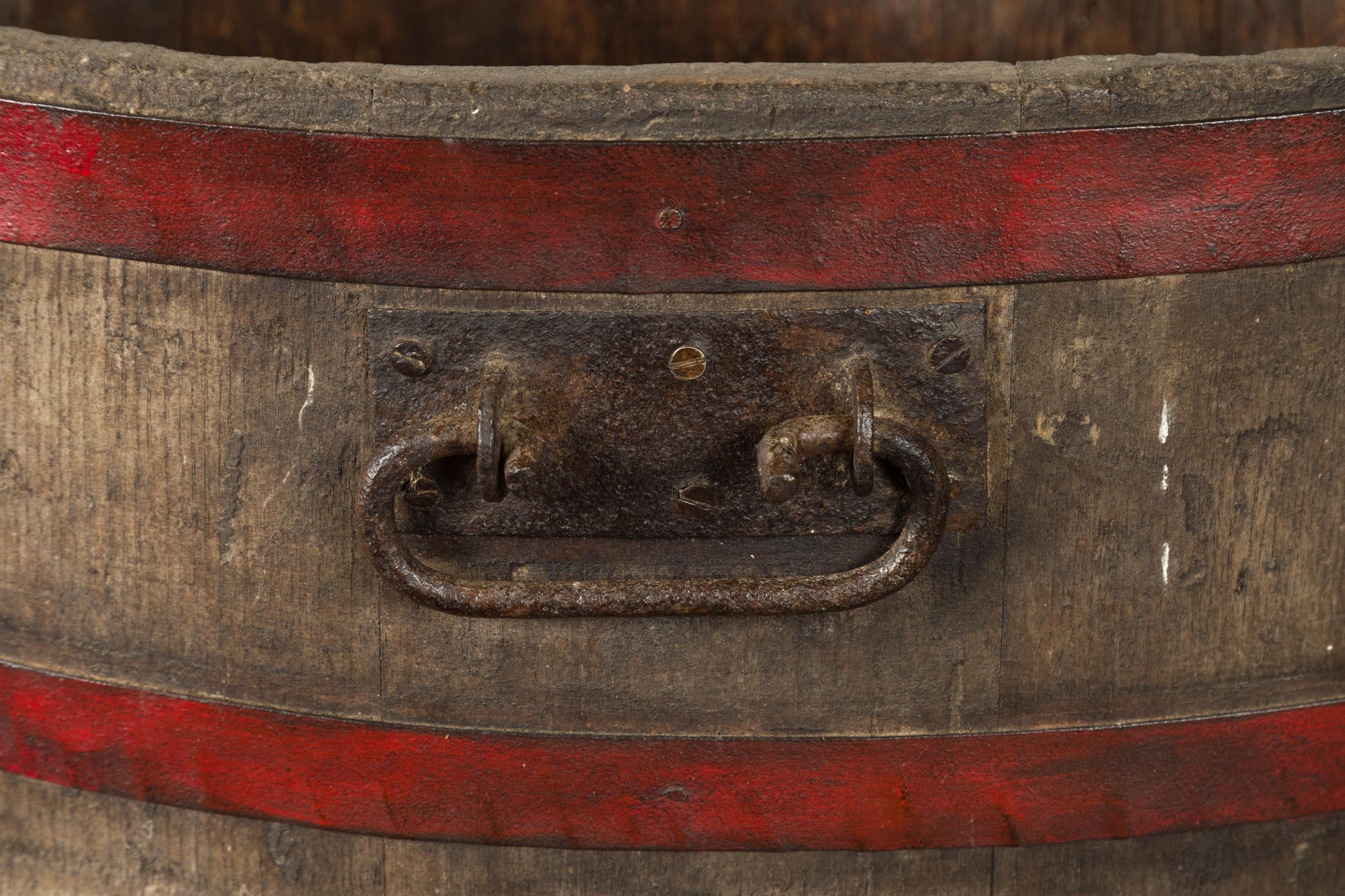 19th Century English 1880s Oak Barrel with Red Braces and Weathered Patina For Sale