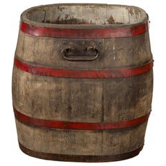 Used English 1880s Oak Barrel with Red Braces and Weathered Patina