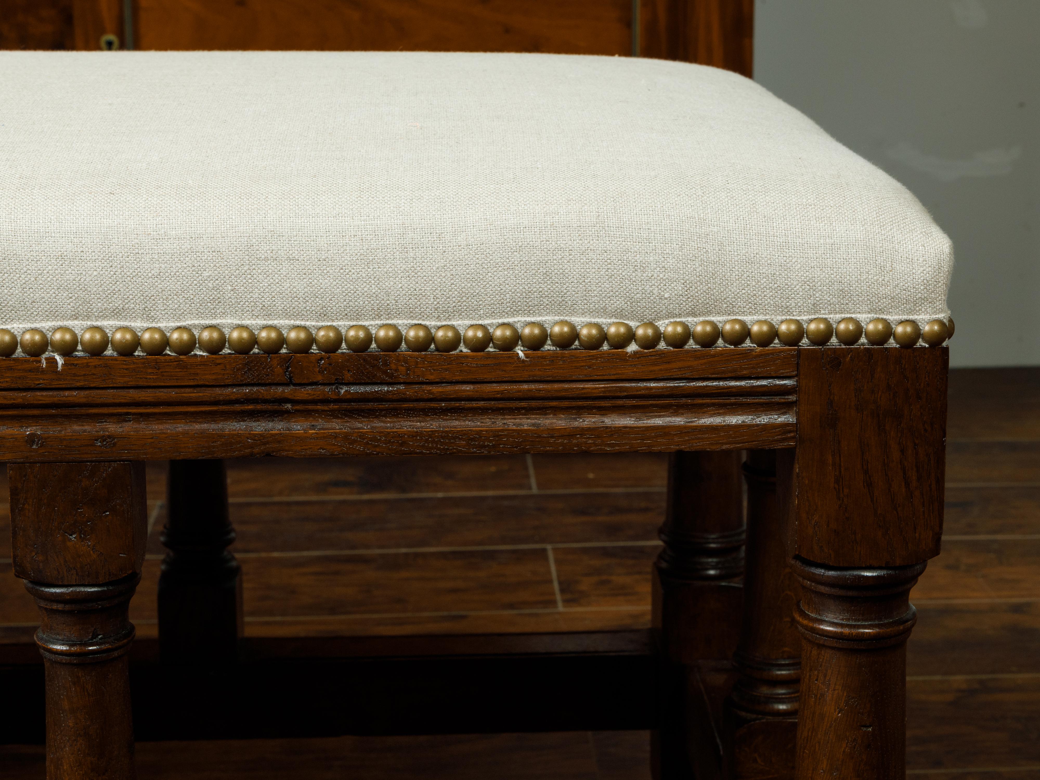 English 1880s Oak Bench with Turned Legs, Side Stretchers and New Upholstery In Good Condition In Atlanta, GA
